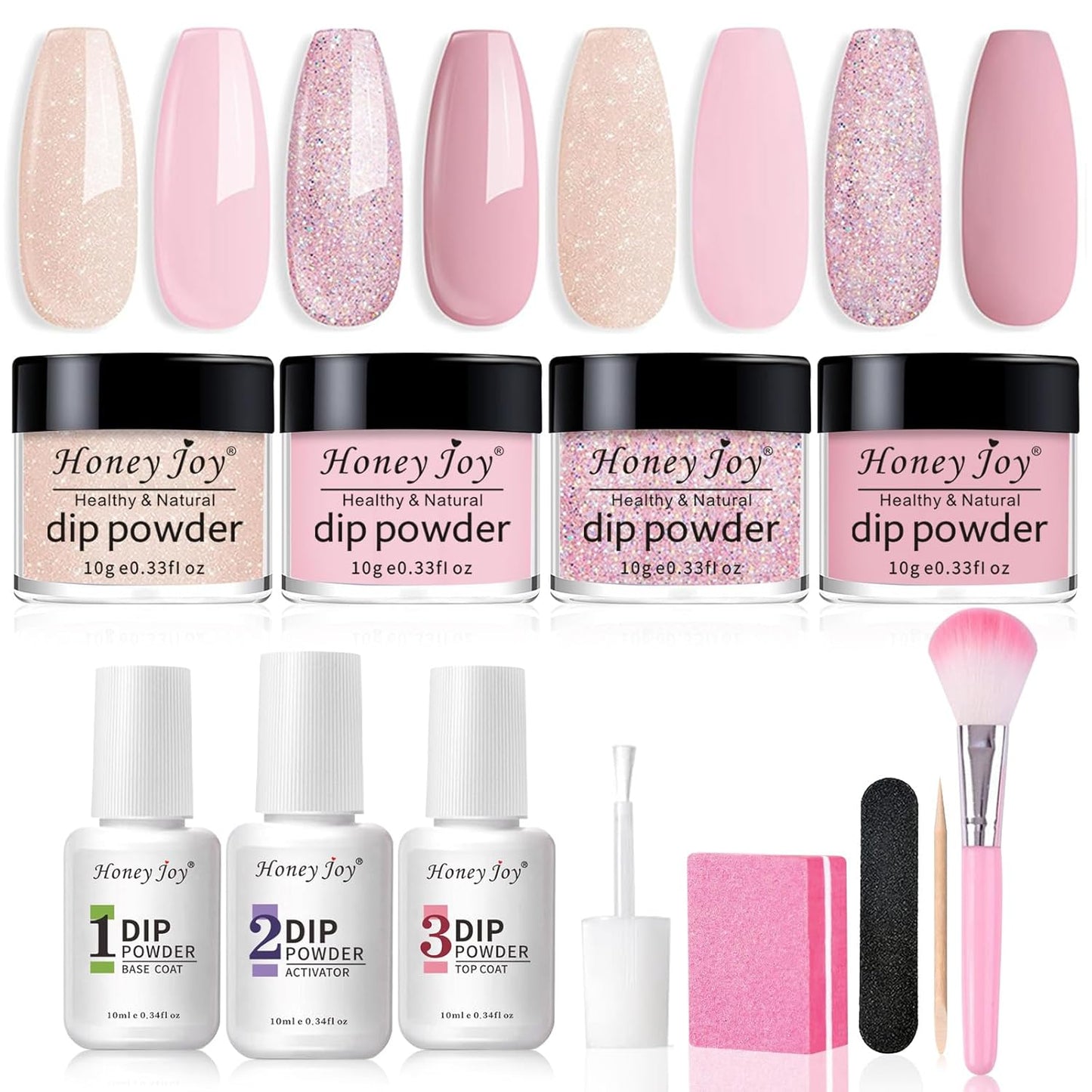 Honey Joy Dip Powder Nail Kit Starter, 4 Colors Pink Glitter Fine Dipping Powder Nude Color Kit with Base Top Coat Activator for Nail Art Manicure Salon DIY No LED Nail Lamp Needed, Dip-7pcs-No.17