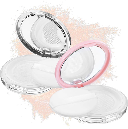 2 Pcs Loose Powder Container with Puff, 0.3-0.7oz Reusable Travel Powder Puff Case Refillable Empty Makeup Compact Box with Mirror for Travel DIY Makeup Cosmetic