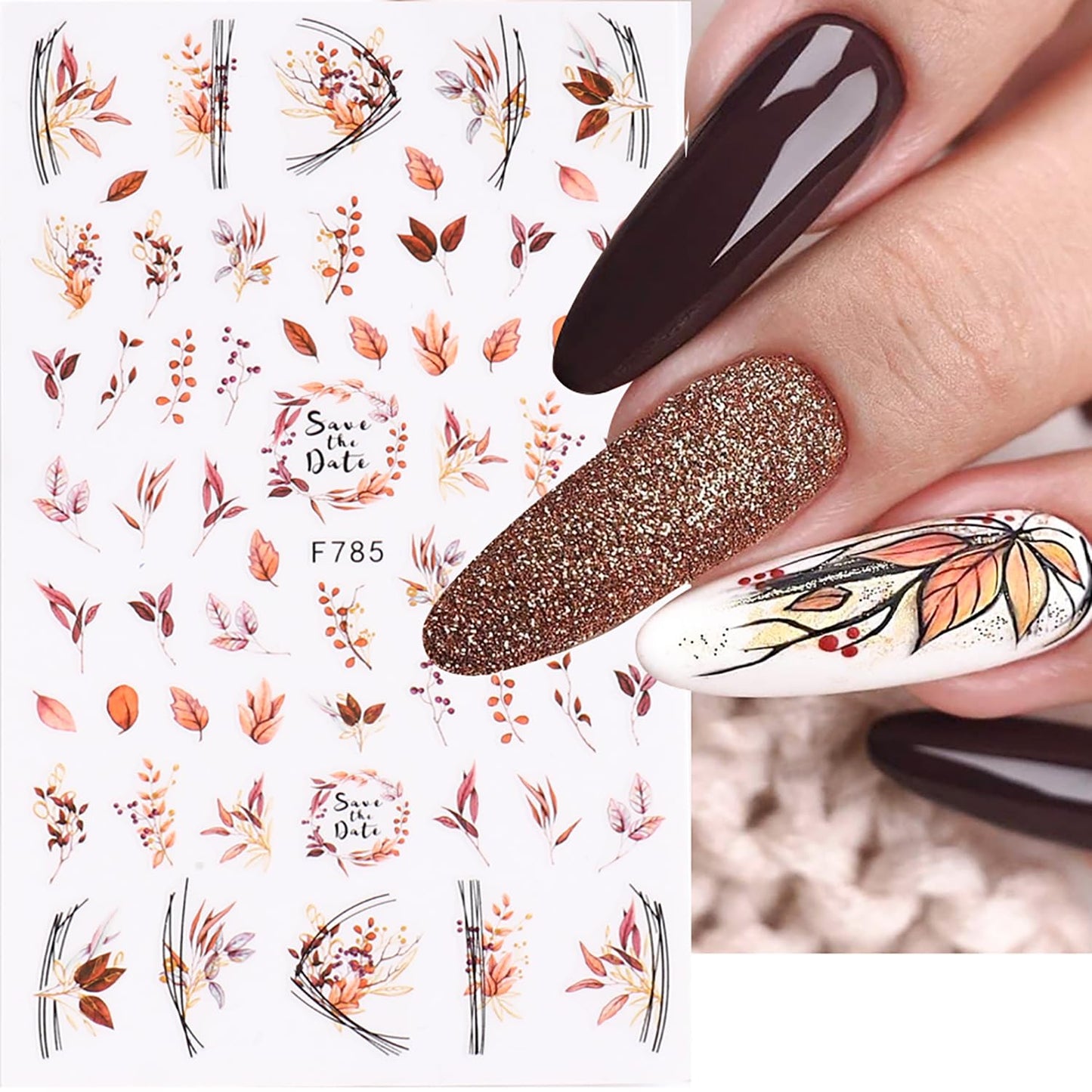 6Sheets Fall Nail Art Stickers Gold Yellow Maple Leaf 3D Self-Adhesive Nail Decals Cute Squirrel Elk Designs Autumn Nail Decorations Thanksgiving Nail Supplies for Women Girls DIY Nail Accessories