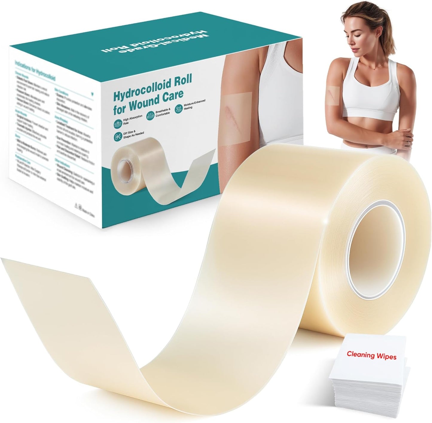 Hydrocolloid Bandages Roll for Wound Care – Cut-to-Size - Flexible & Waterproof Hydrocolloid Tape for Acne, Burns & Blister Care, Self-Adhesive & Highly Absorbent (2in x 16ft)