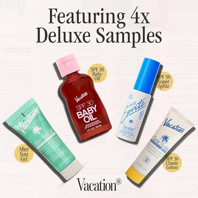 VACATION Sun Belt Sampler Kit, SPF 30-50 Sunscreen Pack, Includes Classic Lotion, Super Spritz Face Mist, Baby Oil, After Sun Gel, Festival Friendly Fanny Pack