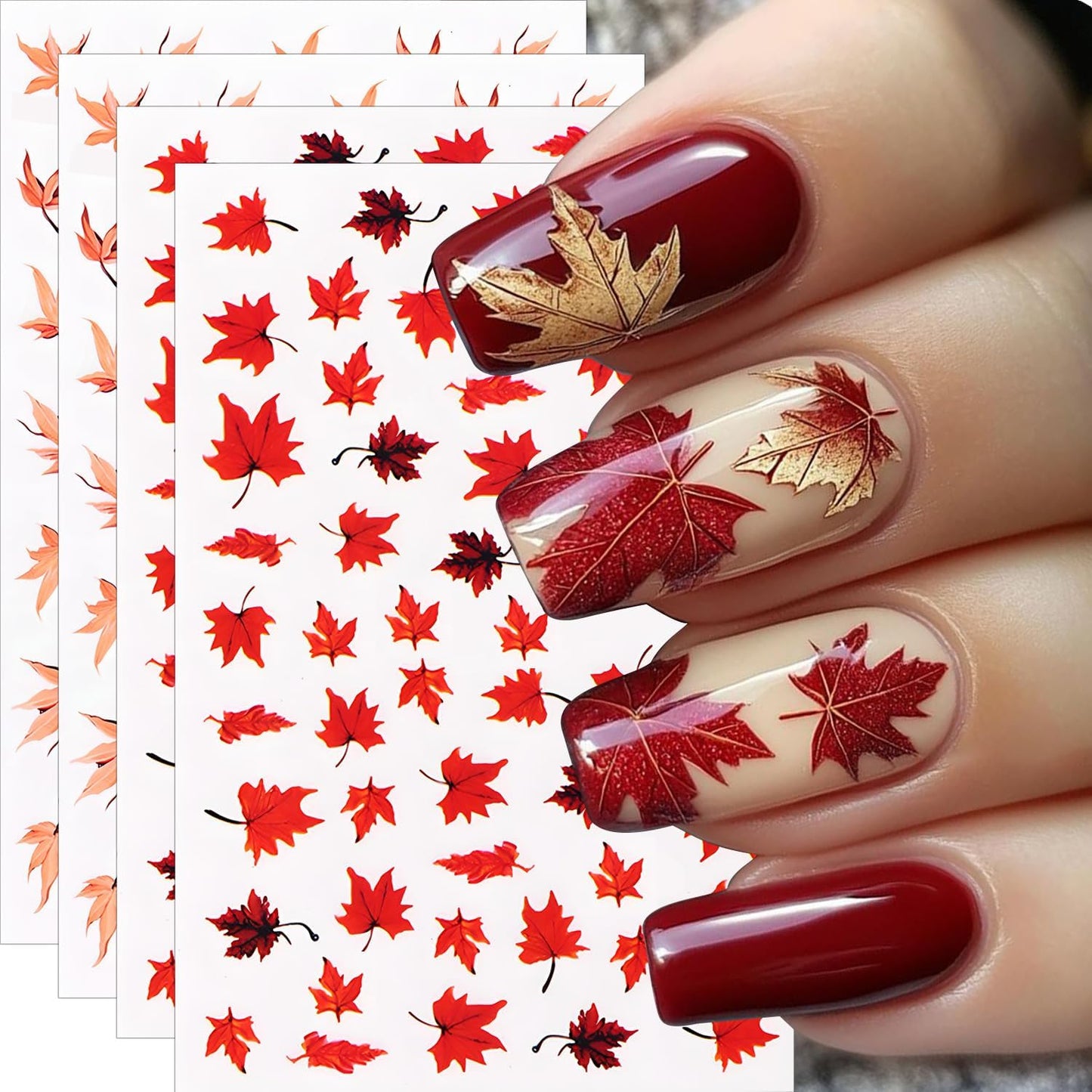 Fall Maple Leaves Nail Stickers for Thanksgiving, Fall Nail Art Decals 3D Self-Adhesive Cute Fox Pumpkin Bow Nails Stickers Nail Design 6Pcs Nail Art Supplies for Women Nail Decoration