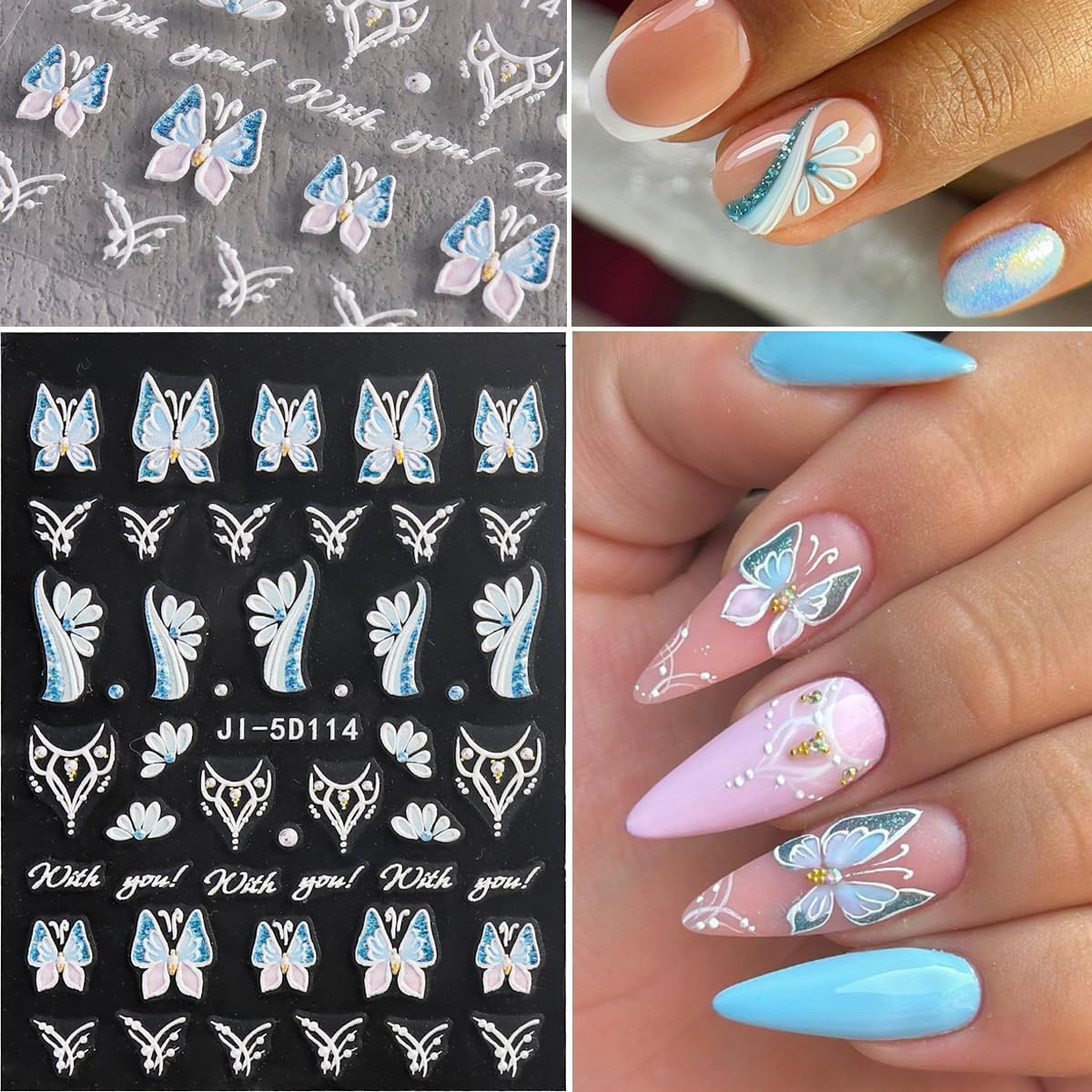 Acrylic Flowers for Nails 4 Sheets 5D Embossed Floral Nail Decals Colorful Flowers Nail Stickers, Gold Strip Lines Swirls French Tip Nail Stickers, Daisy Butterfly Stickers Pegatinas Uñas