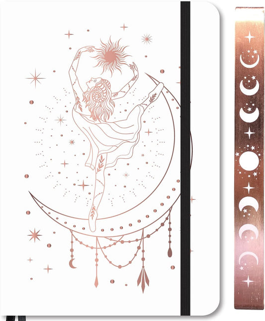 BUKE Medium A5 Hardcover Notebook Dotted Journal - 180Gsm Thick Bamboo Paper - 160 Dot Grid Pages 5x5 MM - White Color Faux PU Leather Cover - Rose Gold Edge And Moons (A5, White)