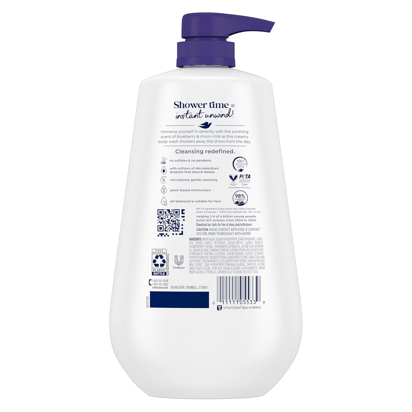 Dove Body Wash Unwind Blueberry & Moon Milk For 24hr Lotion-Soft Skin Moisturizing Skin Cleanser with No Sulfates No Parabens 30.6 oz
