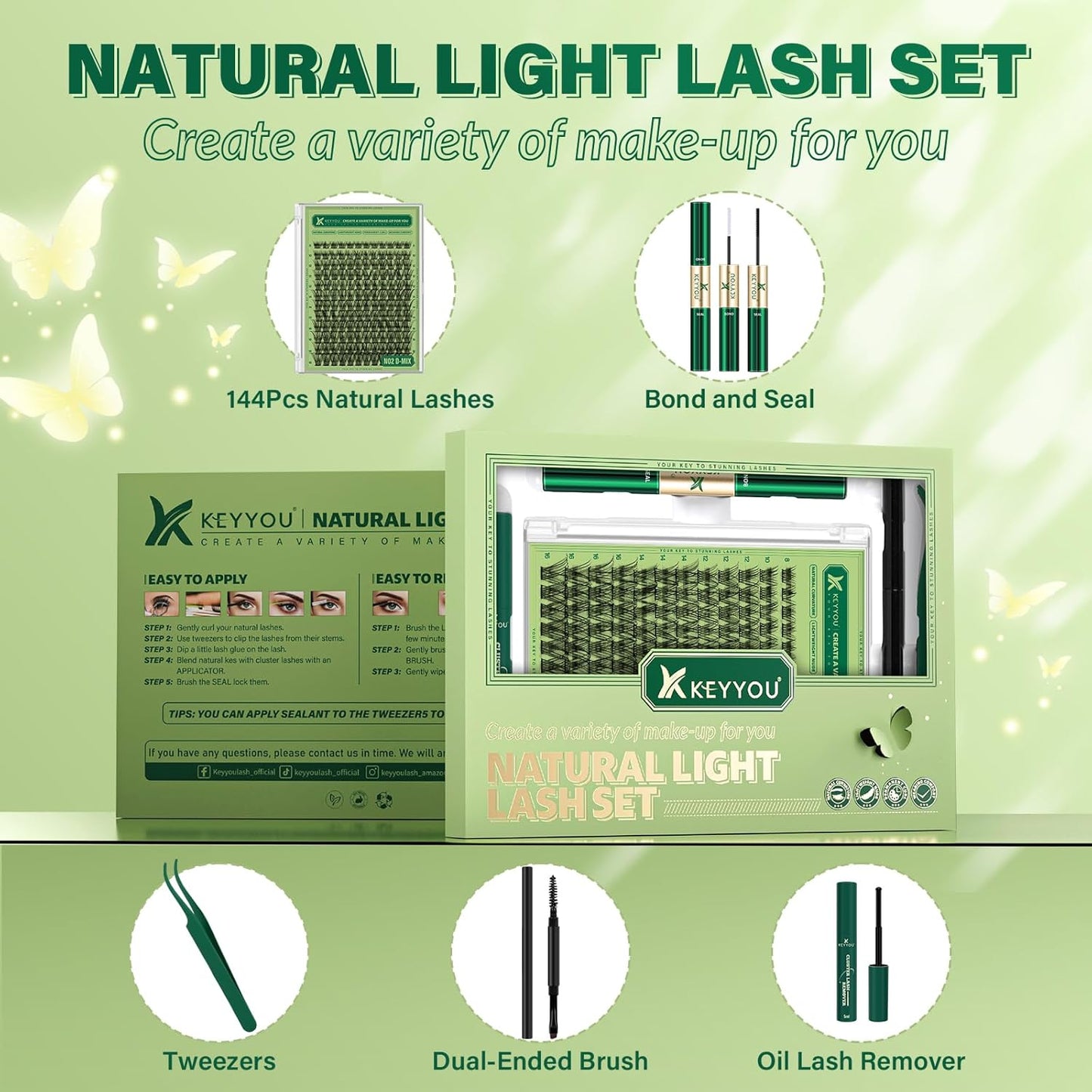 Natural Lash Clusters Kit 144Pcs DIY Lash Extension Kit Wispy Eyelash Extensions Kit D Curl 8-18MIX with Bond and Seal and tweezers with Thin Lash Band by KEYYOU（KIT-N02-D-8-18MIX）