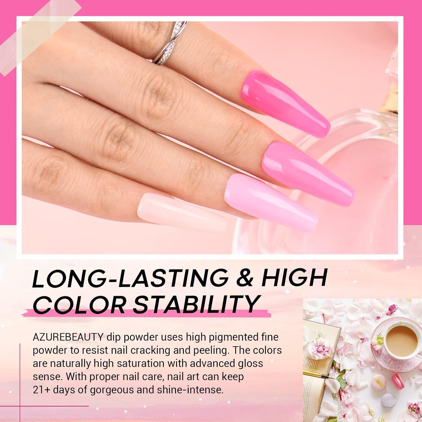 AZUREBEAUTY Pink Dip Powder Nail Set, 6 Colors Light Hot Pink Cherry Blossom Shades Dipping Powder Starter Kit, French Nail Art Manicure, No Need Nail Lamp Cured DIY Salon