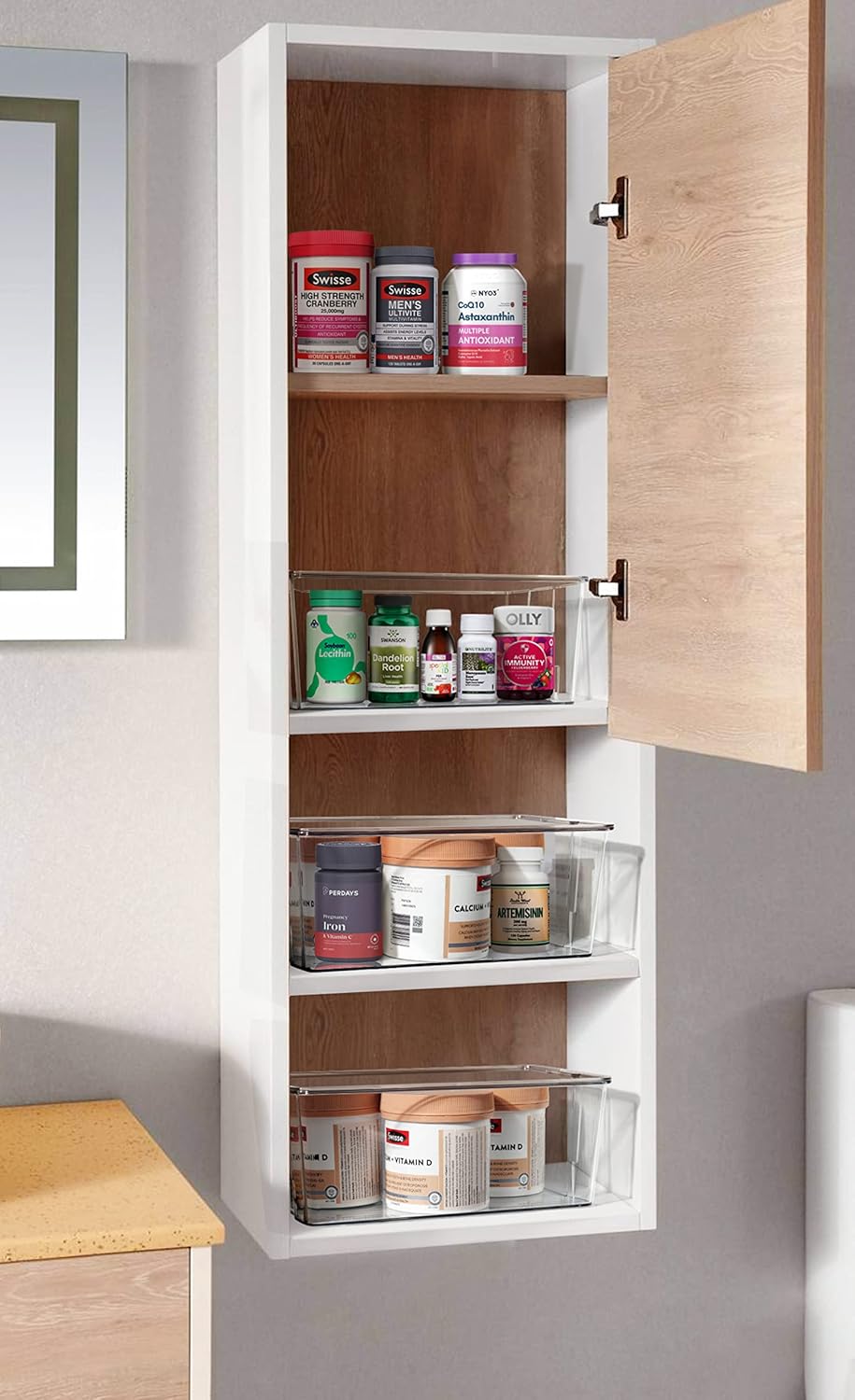 Hudgan Clear Plastic Storage Organizer Bins with Acrylic Lids for Home Office, Kitchen, Cupboard, Pantry Shelves, Medicine Cabinet, Craft Rooms - 4.5-Inches Tall - 4 Pack