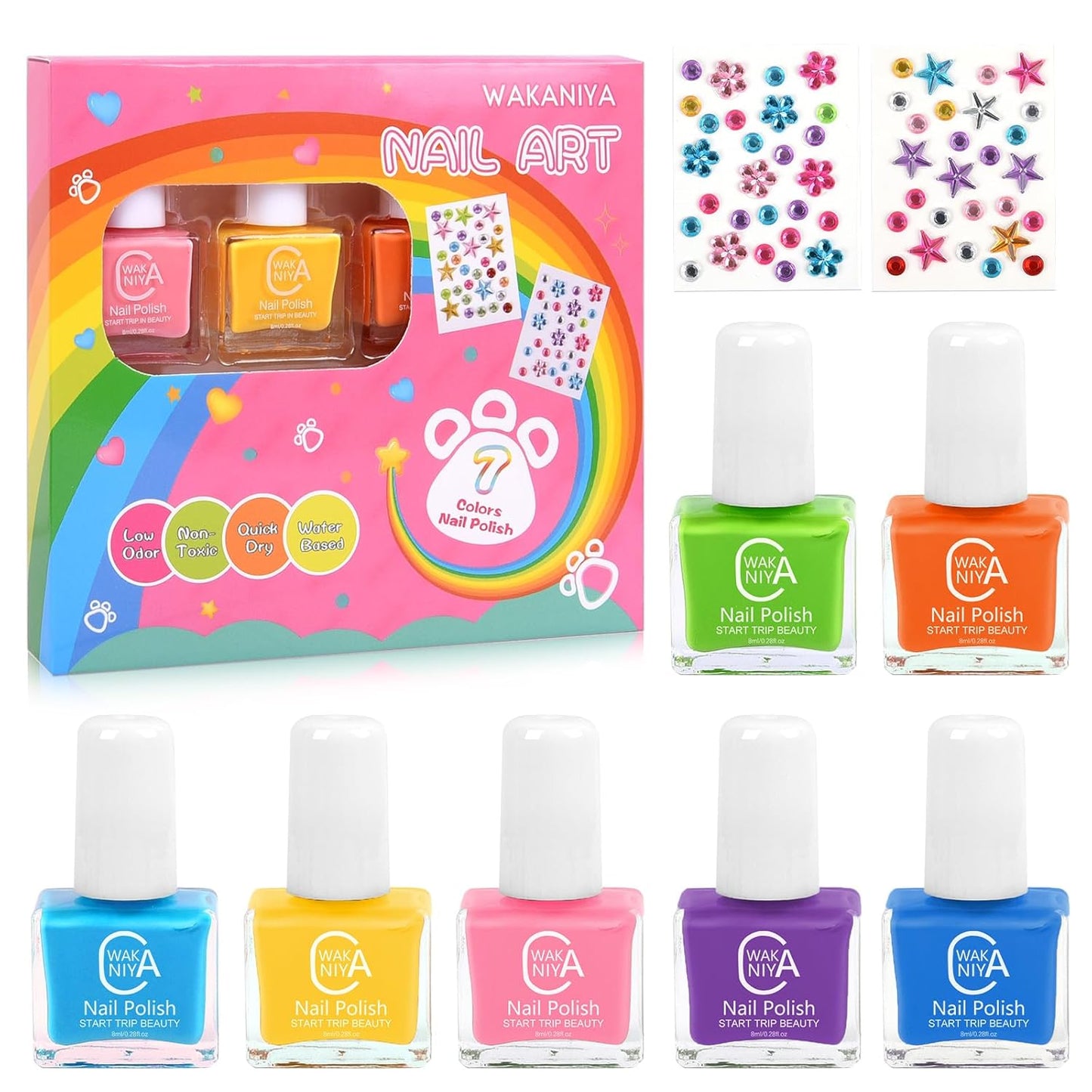 wakaniya Kids Nail Polish Set for Girls with Gems Nail Stickers, 7 Colors Non Toxic Safe Nail Polish Peel-Off Low Odor