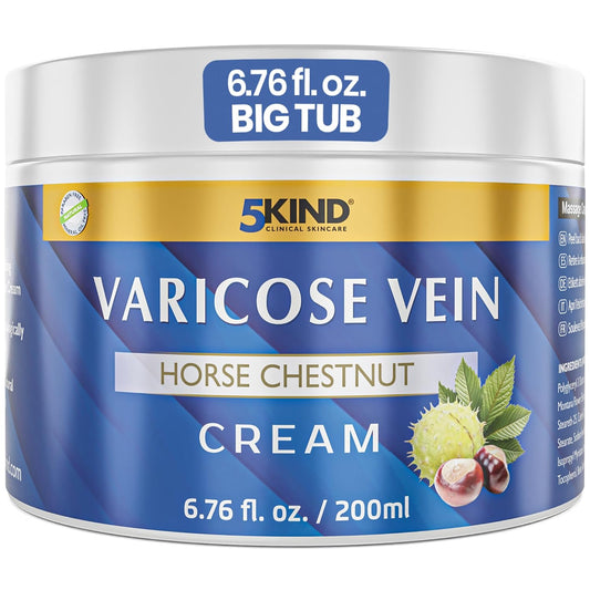 Varicose Veins Treatment for Legs 6.76 Fl Oz - Horse Chestnut Cream for Varicose Veins with Zinc, Avocado & Arnica - Improve the Appearance & Feel of Varicose Veins - Varicose Veins Cream by 5Kind