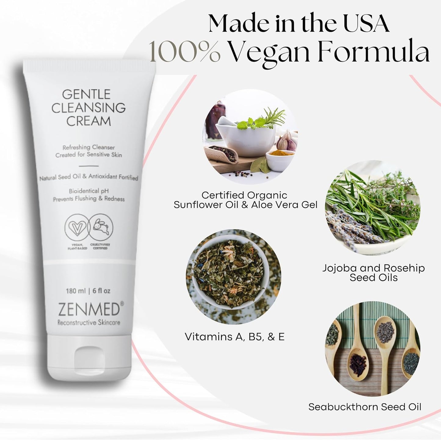 ZENMED Gentle Cleansing Cream - 6 oz. 100% Vegetarian Natural See Oil & Antioxidant Fortified Help Control Redness & Flushing pH 6.0 Soap-Free Will Not Over-Dry