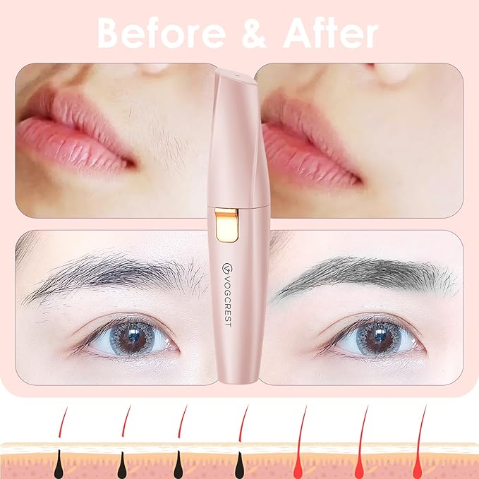 Eyebrow Facial Trimmer: 2 in1 Rechargeable Facial Hair Removal and Eyebrow Shaver - Face Lips Body Painless Facial Razor with Built-in LED Light (Pink)