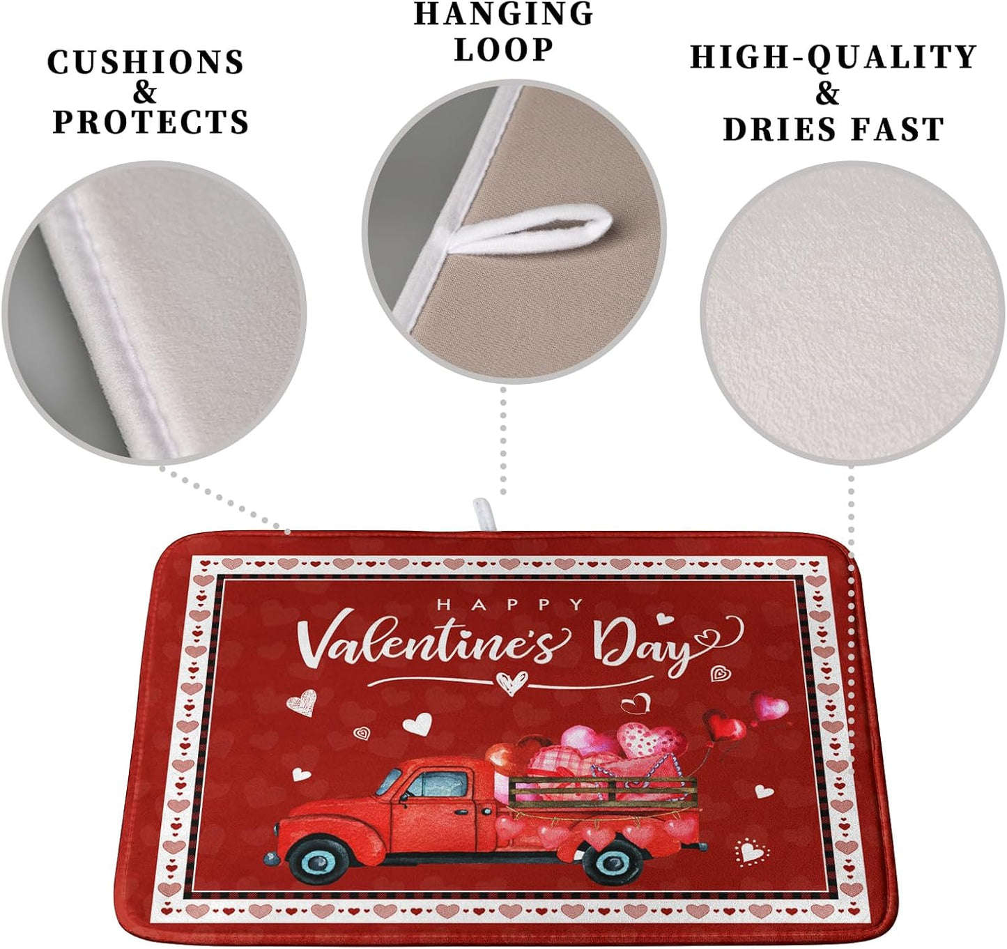Happy Valentine's Day Dish Drying Mat for Kitchen Red Love Heart Truck Plaid Drying Mats Super Absorbent Dishes Drainer Pad Reversible Microfiber Dish Drying Rack Mat for Kitchen Counter 18x24 Inch