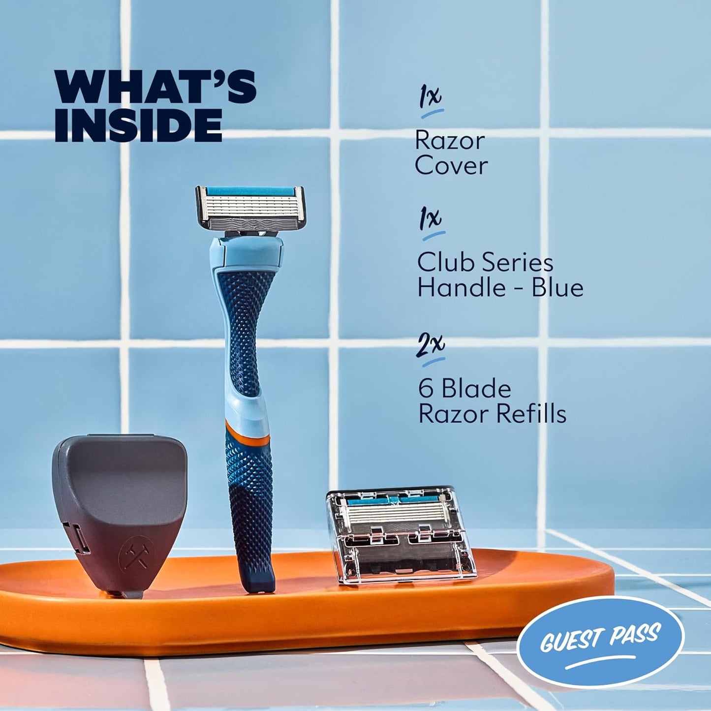 Dollar Shave Club | The Guest Pass Shave Set | 2 Extra Close Refill Cartridges, 1 Handle (Blue), 1 Razor Cover, Razors for Men