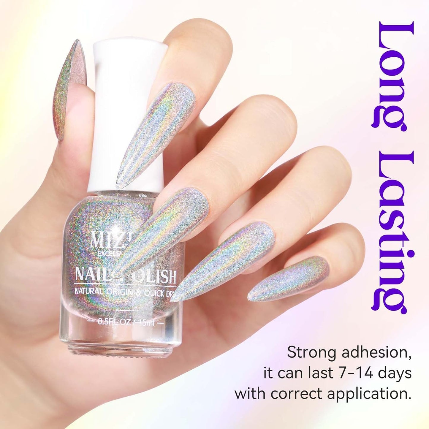 MIZHSE Holographic Nail Polish, Silver Glitter Nail Polish Air Dry Fast, 15 ml 0.5 fl oz High Glossy Shiny Nail Pigment Oil-based Laser Iridescent Nail Lacquer Chrome Halo Nail Art Salon Manicure Home