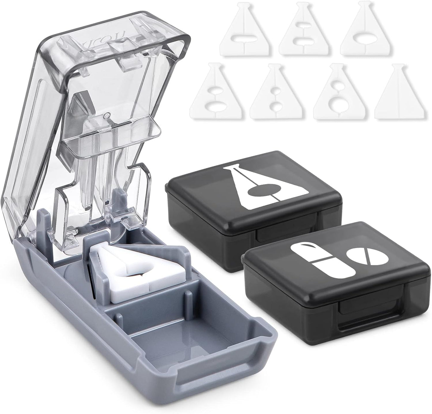 Fullicon Pill Cutter for Small or Large Pills, Pill Splitter with V-Shape Holder, Medicine Slicer with Sharp Blade,Tablet Splitter with Two Large Pill Organizers