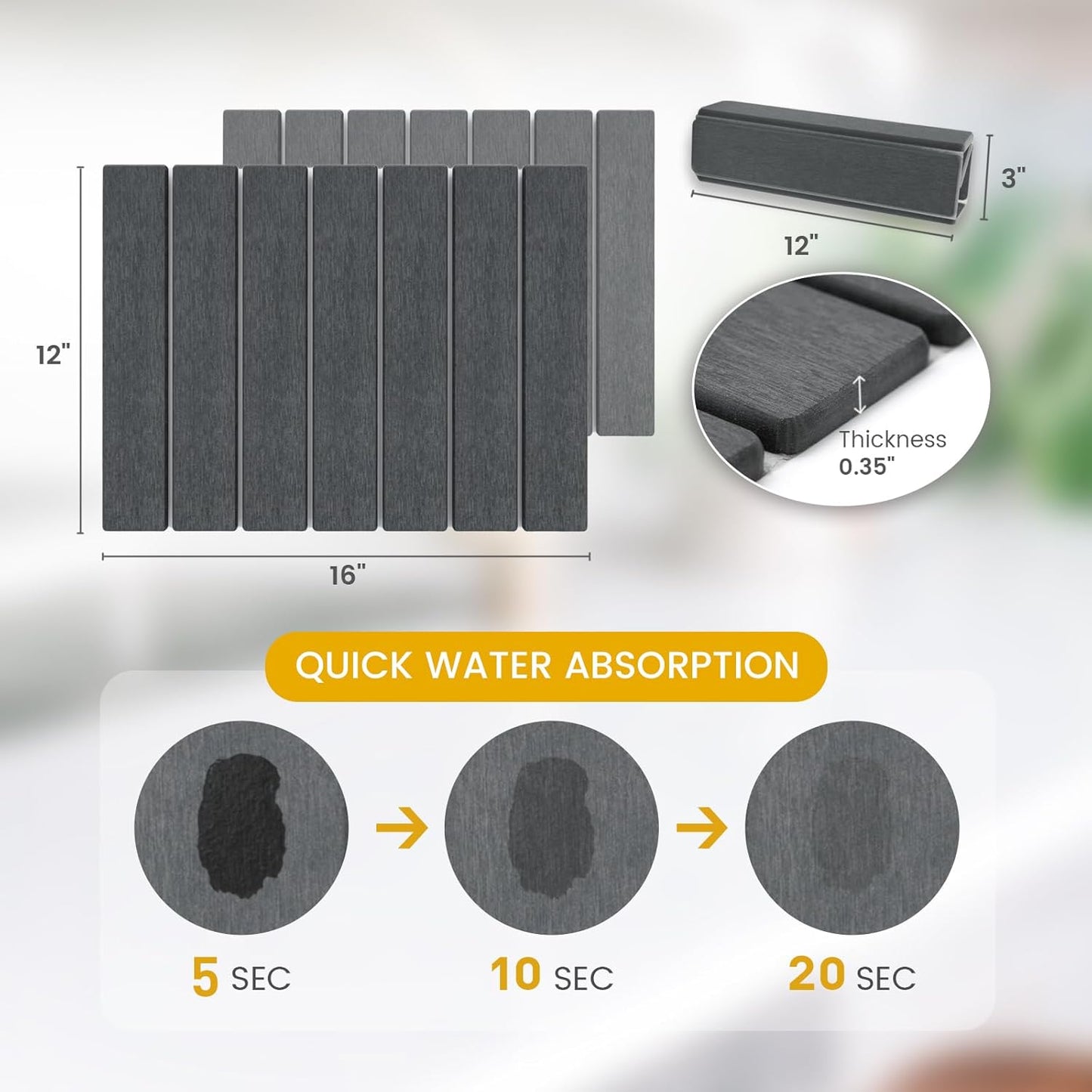 2 PCS Stone Dish Drying Mats for Kitchen Counter, Foldable Non-Slip Diatomaceous Earth Pad Set (12"x16" Each, Gray) - Super Absorbent Quick Dry Mat for Kitchen & Bathroom Counter, Sink - Dishes Cups