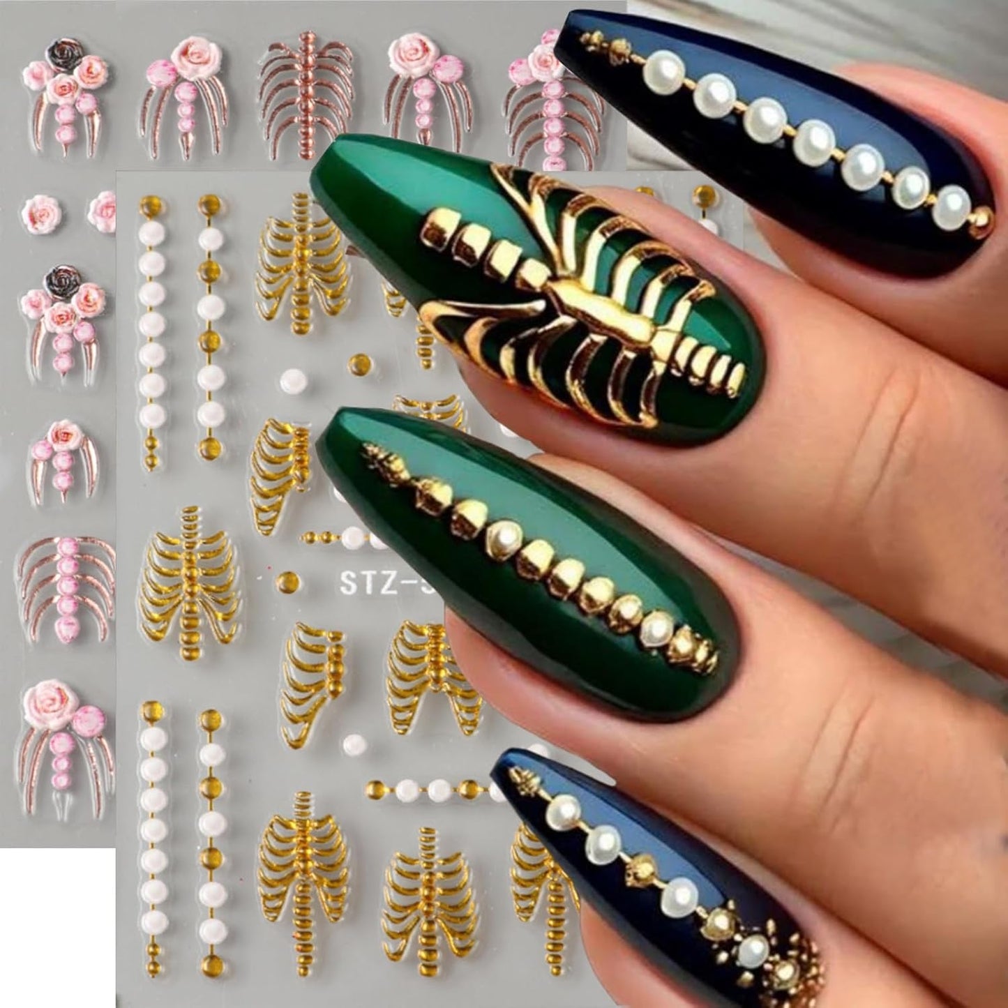 2Pcs Halloween Nail Art Stickers 5D Embossed Halloween Nail Decals Gold Pink Skeleton Bone Rose Blossom Pattern Nail Designs Stickers Skull Nail Supplies for Women Manicure Tip Decorations Accessories