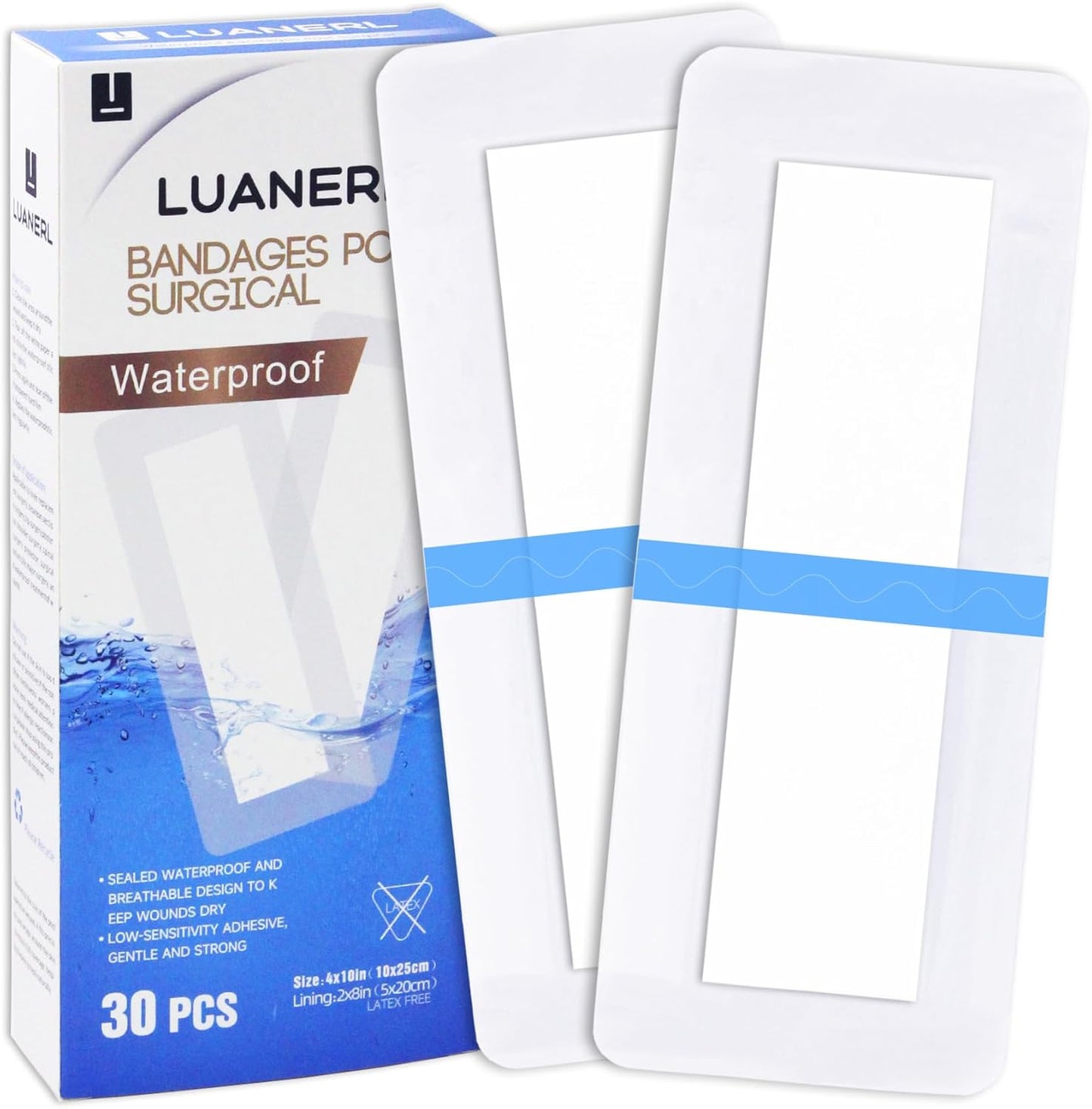 30 Pack 4"x10" Waterproof Adhesive Island Dressing for Post-Surgery Recovery | Sterile Bordered Gauze Bandages with Non-Stick Pad for Knee/Hip Replacement, Surgical Incision Care & Shower Protection