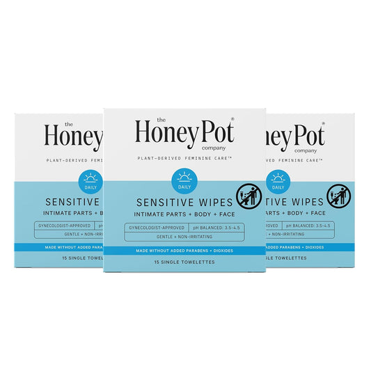 The Honey Pot Company - Feminine Wipes - Indivdually Wrapped - Daily PH Balancing, Fragrance & Sulfate Free Wipes for Intimate Parts, Body, or Face - Hygiene Products - 15 Ct (Pack 3)