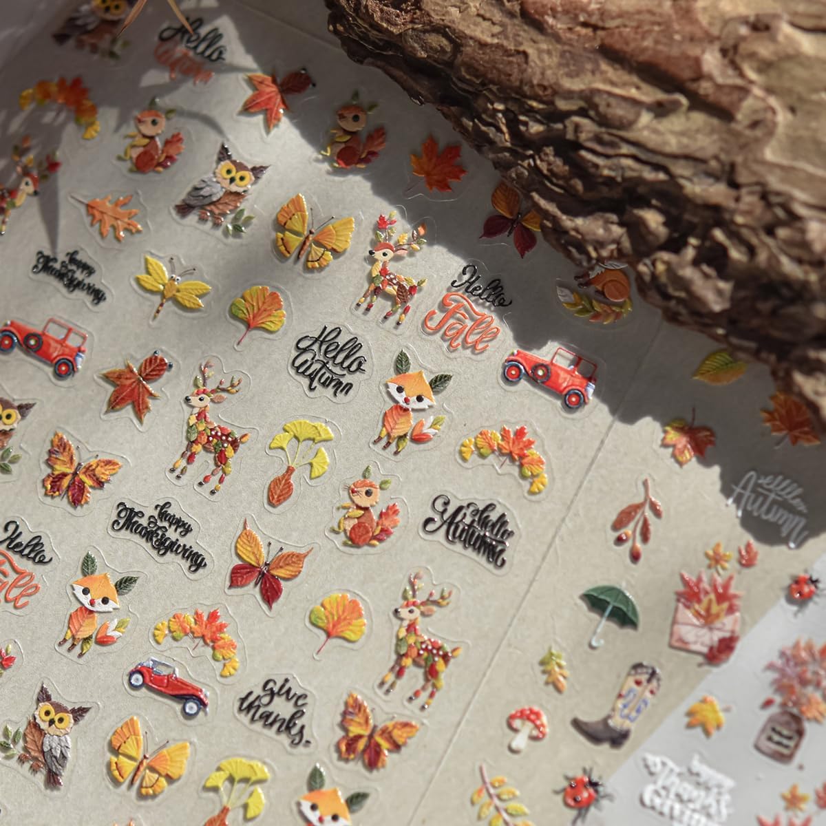 Thanksgiving Day Nail Stickers for Nail Art Fall Nail Sticker 5D Embossed Self-Adhesive Shiny Autumn Leaves Fox Deer Owl Nails Decals Holiday Maple Leaf Manicure Decoration for Salon Nails 1Sheet