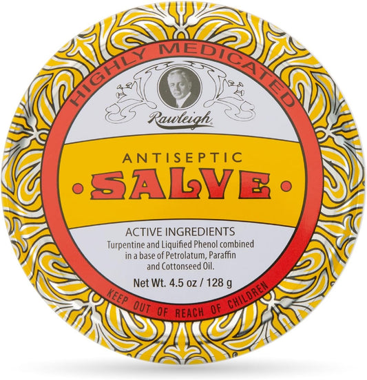 Rawleigh Antiseptic Salve Iconic Yellow Big Tin: 4.5 oz, Natural, Multi-Purpose Ointment Soothes Skin Cuts, Bruises, Irritations, with Turpentine, Phenol, Cottonseed Oil, Original Formula - Pack of 1
