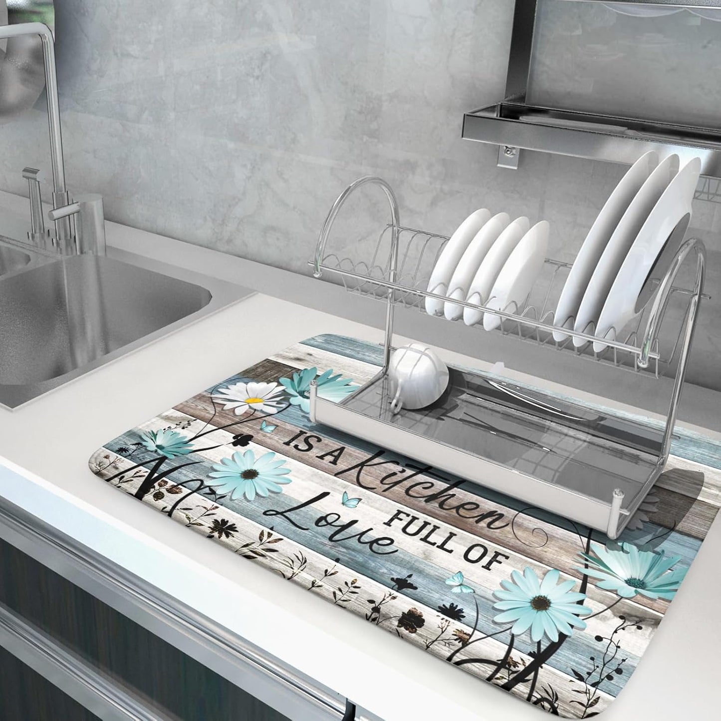 Daisy Floral Dish Drying Mat 18x24 Inches Rustic Wood Microfiber Absorbent Reversible Dish Draining Pad Fast Dry Kitchen Accessories