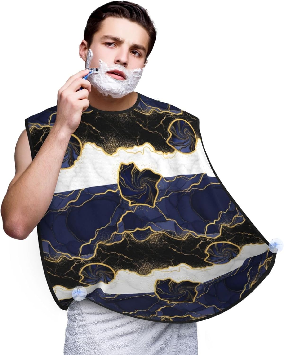 Beard Hair Catcher Bib, Waterproof Non-Stick Grooming Apron for Shaving Trimming, Perfect for Men Dad, Navy Blue Golden Marble Shave Bib