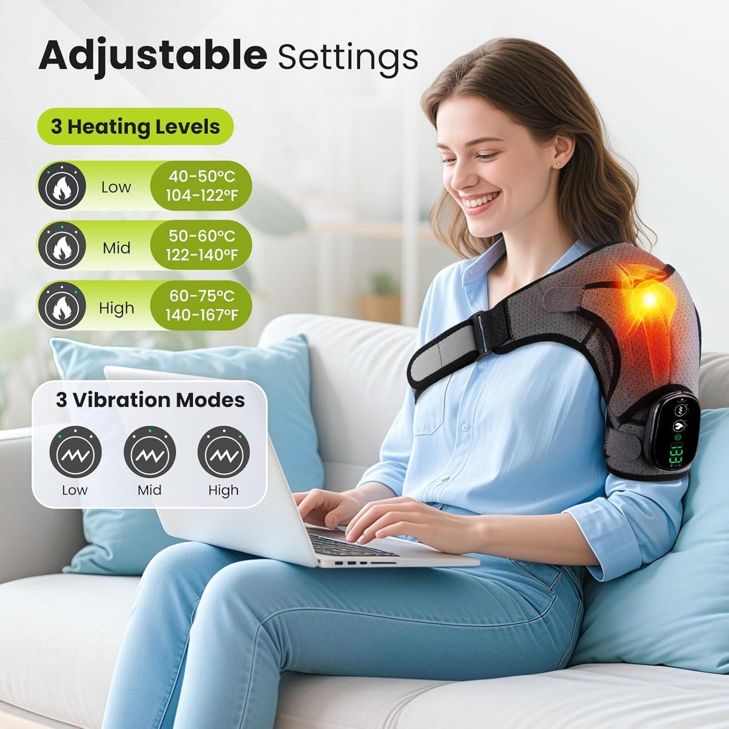 Cordless Shoulder Heating Pad with Vibration for Rotator Cuff Pain Relief, Arm Heated Massage Pad, Shoulder Support Brace with 3 Heating Levels & Vibration, Left or Right (Grey)