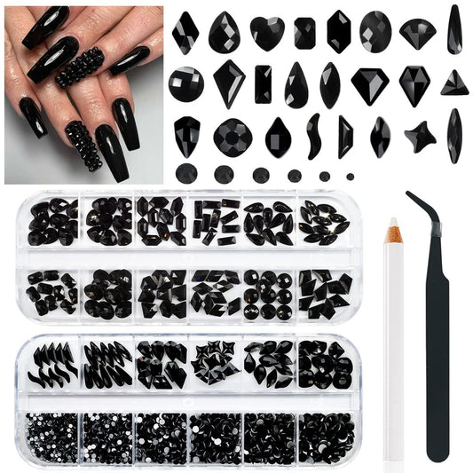 24 Styles Jet Black Nail Rhinestones Multi Shapes Flatback Gems Round Beads K9 Glass Crystals Stones Diamonds Jewels Nail Art Charms Supplies for Nails Face Eyes Makeup Crafts Tumblers Bottles