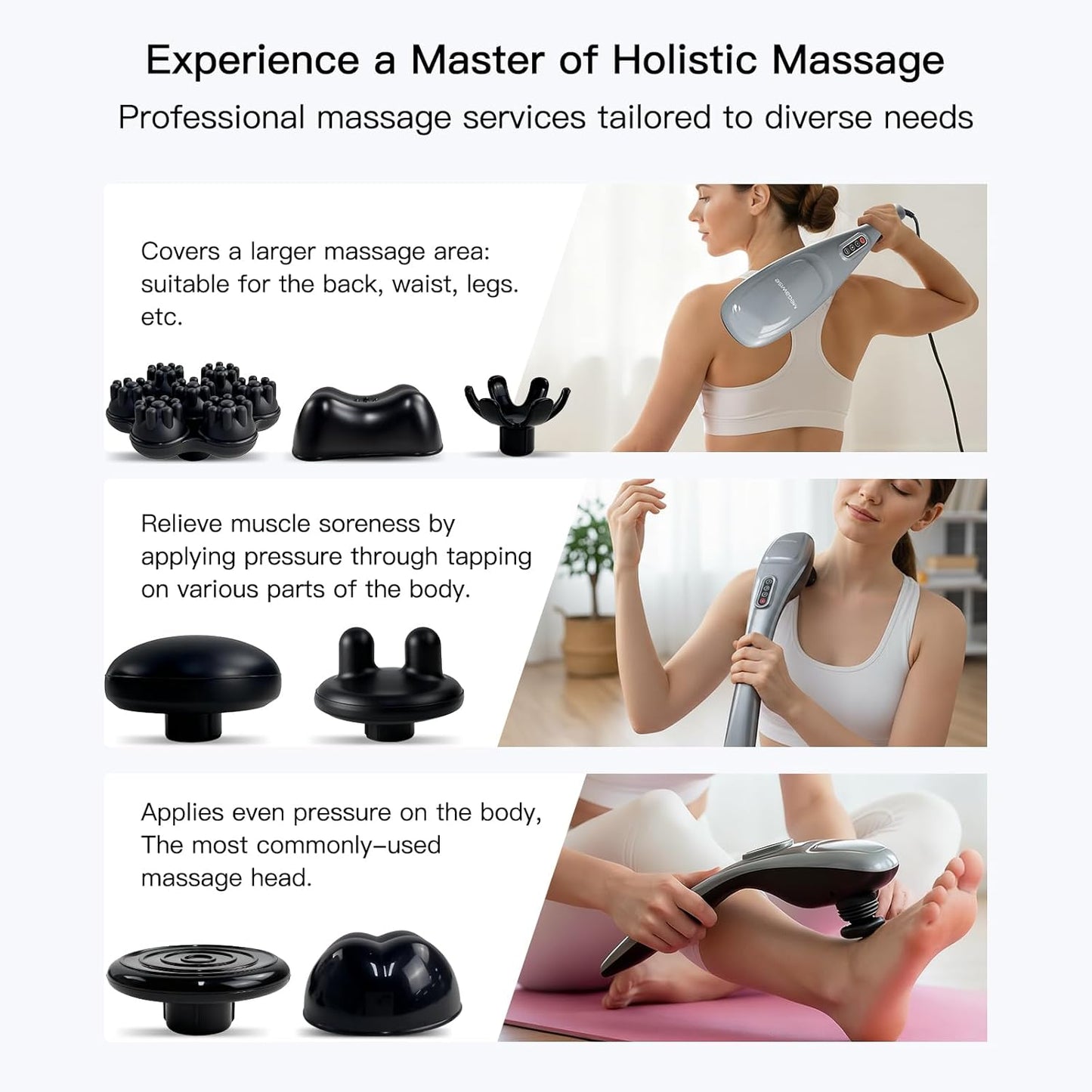 MEGAWISE Handheld Back Massager | Deep Tissue Percussion Massage for Back, Neck, Shoulders, Waist and Legs (Silver Grey) with 6ft Power Cord, Ergonomic Handle