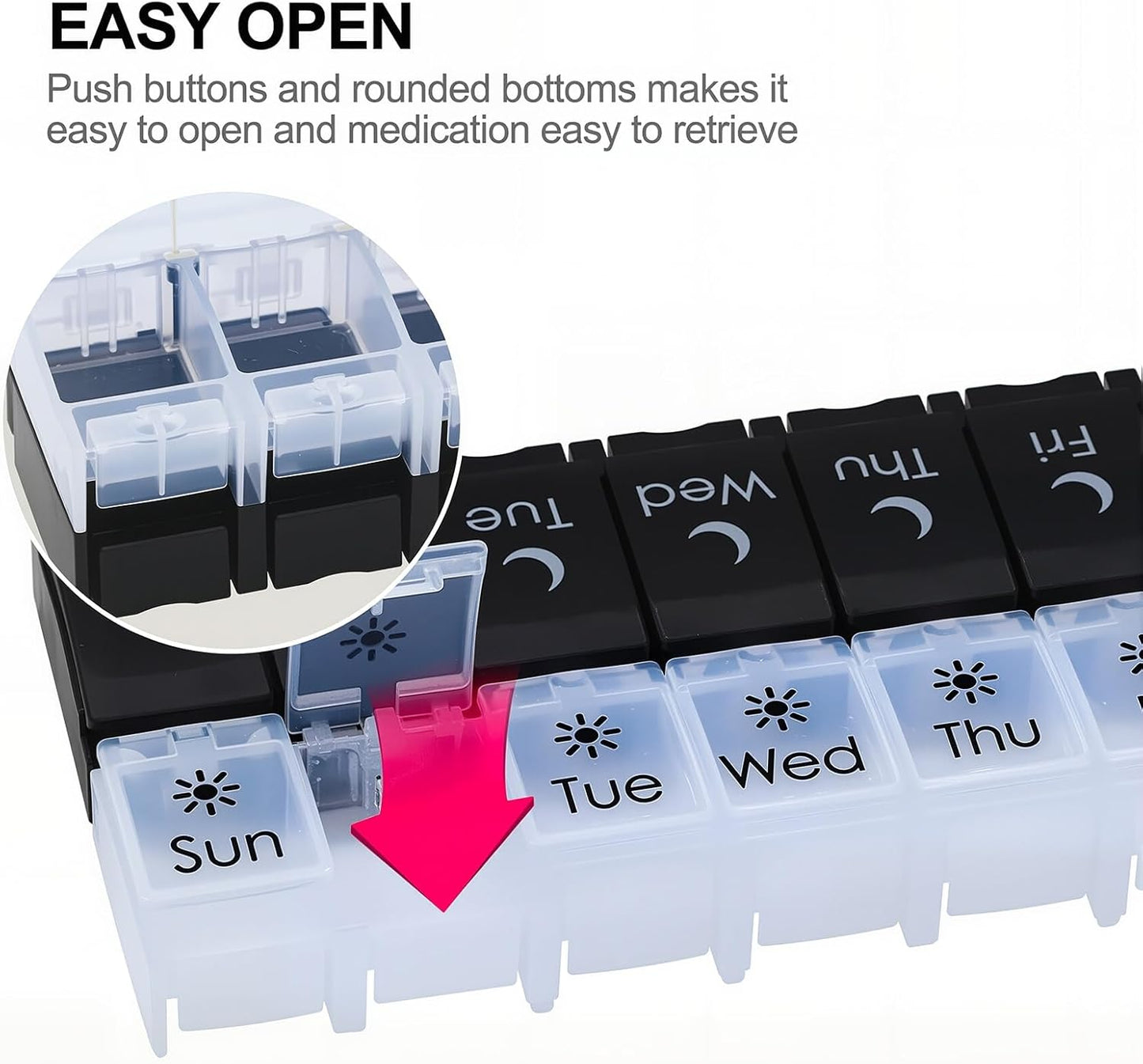 XL Large AM/PM Weekly Pill Organizer Arthritis Friendly, 2 Times a Day Pill Box with Spring Open Design, 7 Day Vitamin Case with Push Button Compartments (Black&White)