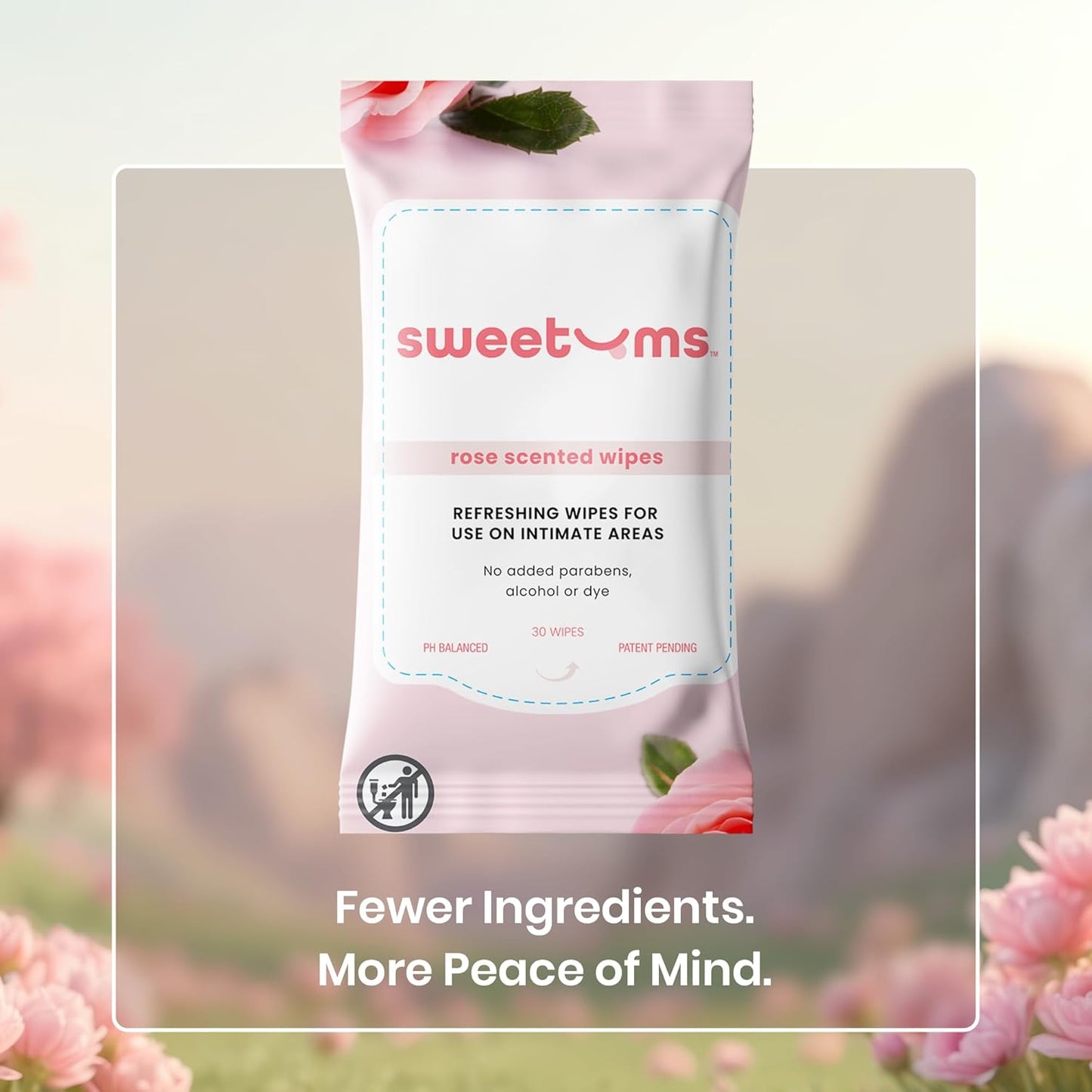 Sweetums Rose Scented Daily Feminine Wipes for Women – pH Balanced Unflavored Intimate Wipes – Water-Based, Aloe-Infused, Gentle on Sensitive Skin – Vegan, No Alcohol or Dyes, Travel-Friendly - 30ct