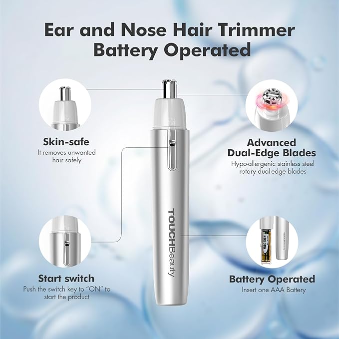 TOUCHBeauty Battery Powered Ear and Nose Hair Trimmer for Women, Portable Battery Powered Trimmer, Mini Painless Design for Sensitive Skin, Easy Clean & Travel Friendly