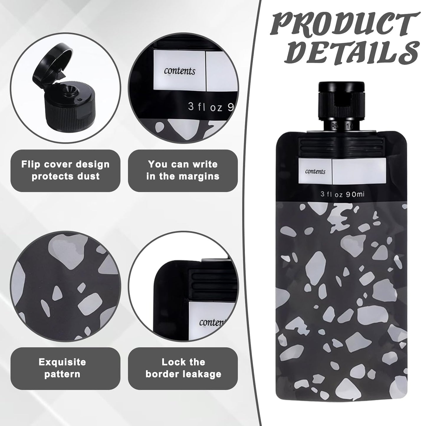 3 oz 6 PCS Refillable Size Containers Leak Proof Empty Squeeze Pouches Travel Shampoo Containers Pouches Travel Pouches for Toiletries for Shampoo Conditioner Face Cream Hand Soap（Black）