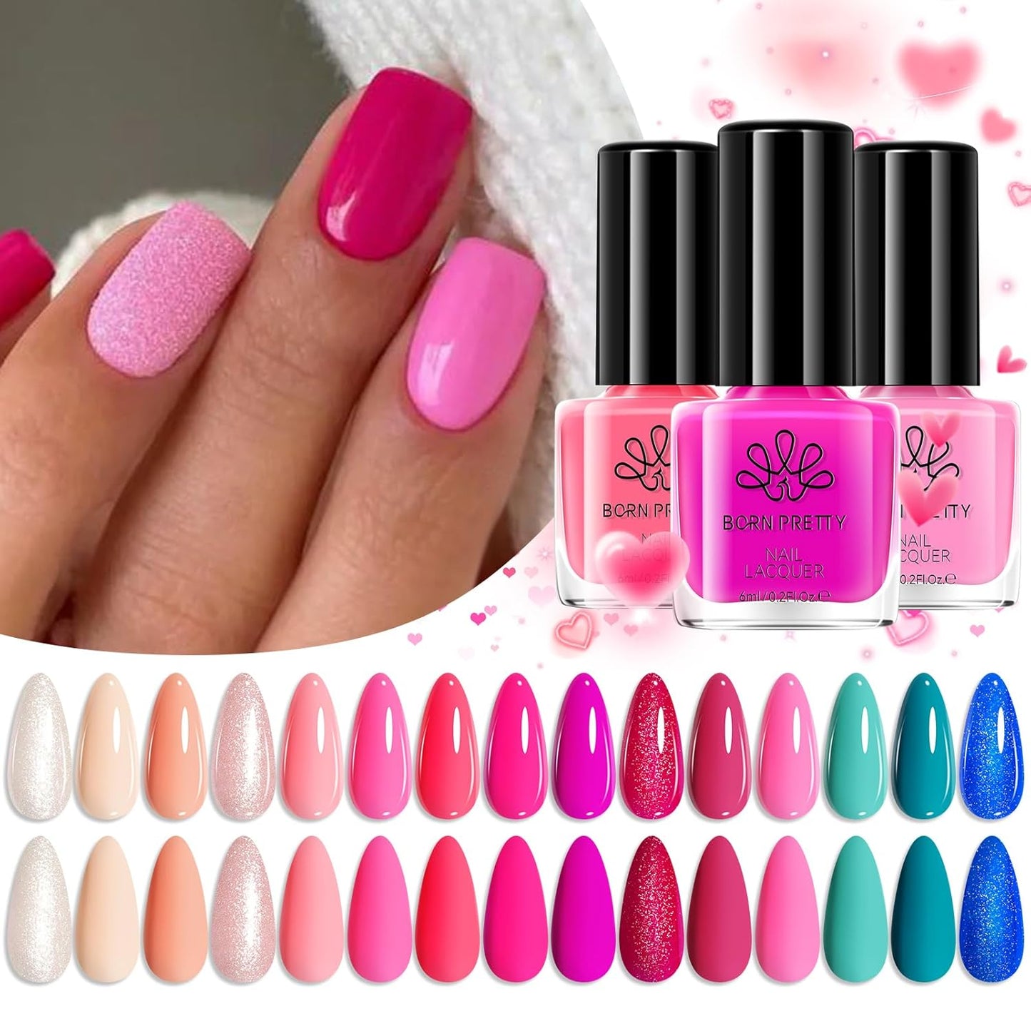 Born Pretty Pink Nail Polish Set Fingernail, 15 Colors Natural Pink Nude Neon Pink Hot Pink Bright Summer Quick Dry Nail Lacquer Glossy Nail Polish All Seasons Manicure Suitable Wedding Holiday