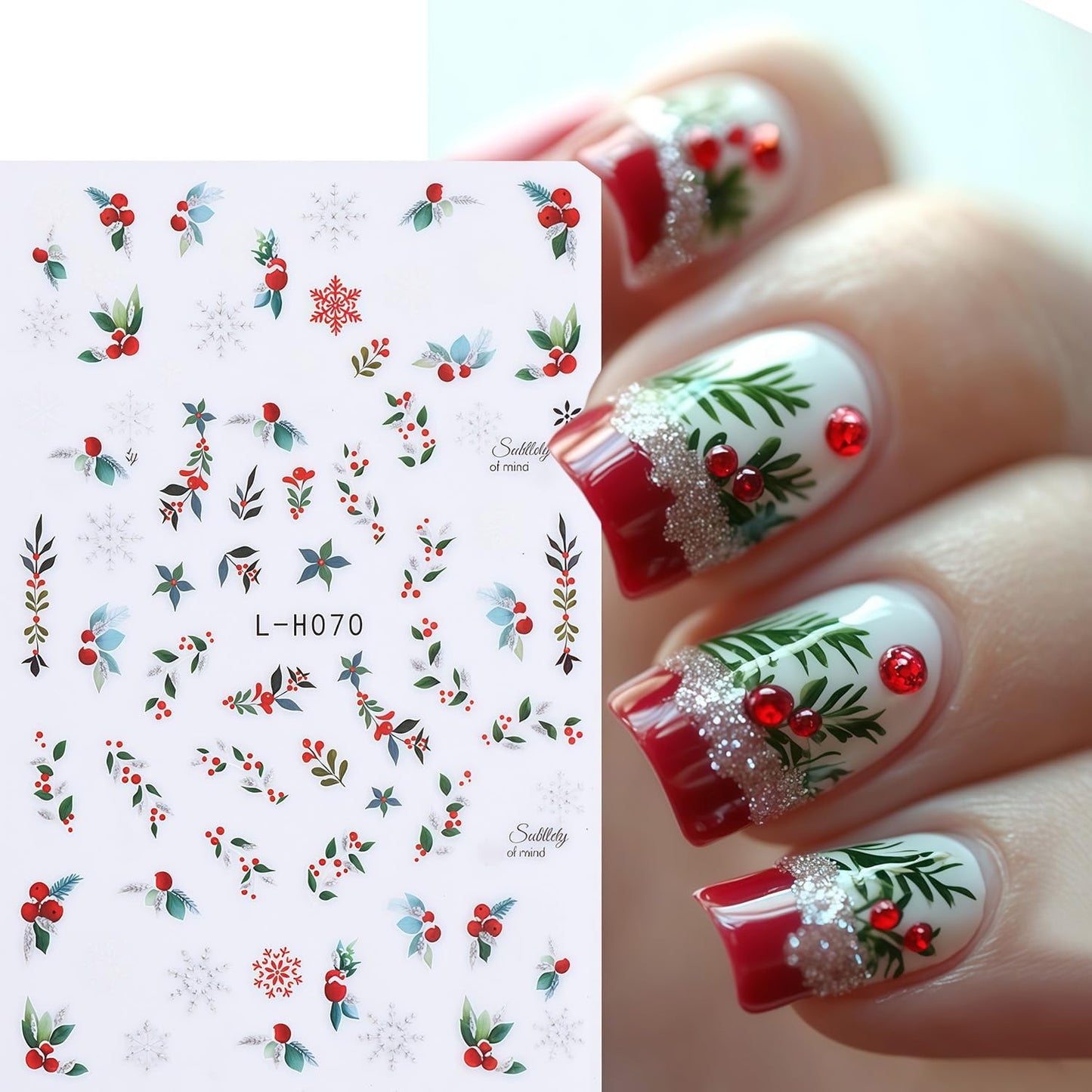 8 Sheets Christmas Nail Stickers for Nail Art, Christmas Holiday Holly Leaves Nail Decals Design 3D Self-Adhesive Winter Leaves Nail Art Stickers Supplies for Women Holiday DIY Manicure Decoration