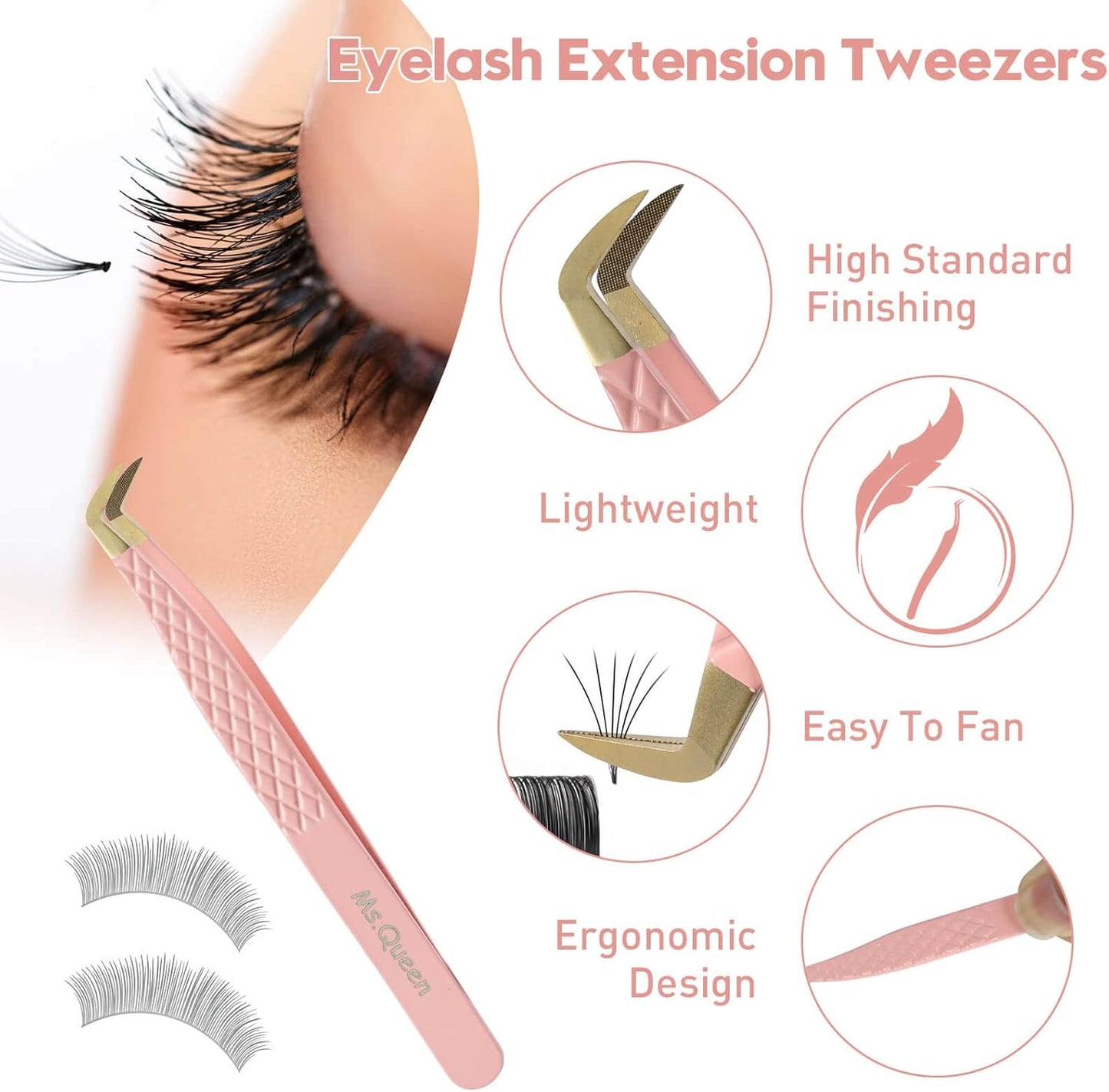 Ms.Queen Lash Tweezers for Eyelash Extensions,Fiber Tip Eyelash Tweezers for Mink Lashes Fan Making Mega Volume Boot Lashing Tweezers