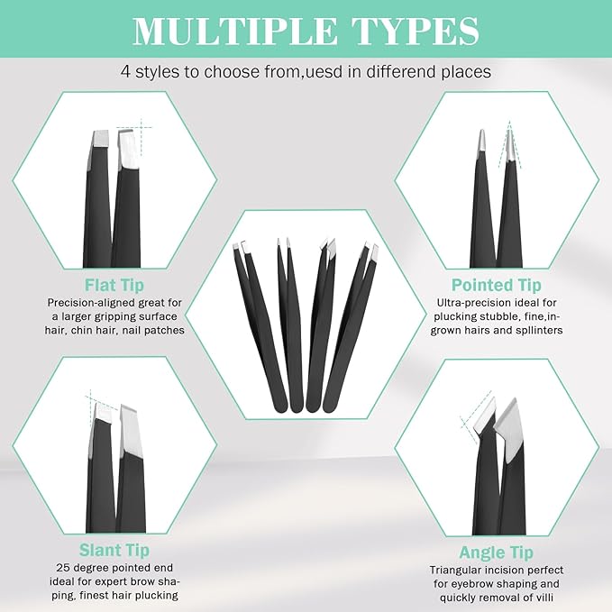 Tweezers Set, Hyxhappy 9 pcs Professional Stainless Steel Tweezers Kit for Facial Hair, Great Precision Eyebrow Plucke Tweezer with Luxurious Travel Case for Daily Beauty Tools