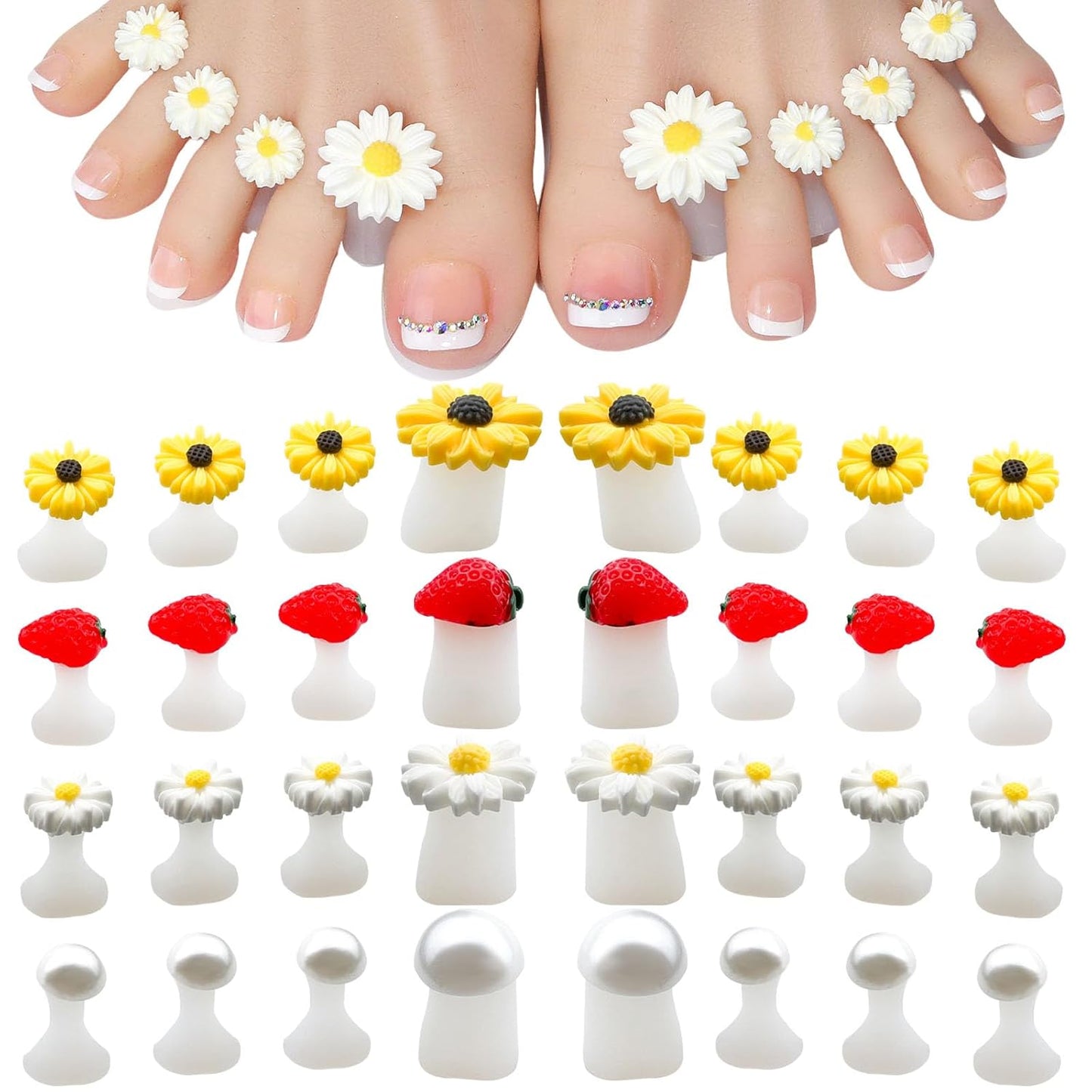 32PCS Silicone Toe Separators for Pedicure, Cute Daisy Flower strawberry Pearl Shaped Toe Nail Spacers for Pedicures Nail Art Salon Tools Nail Art Accessories