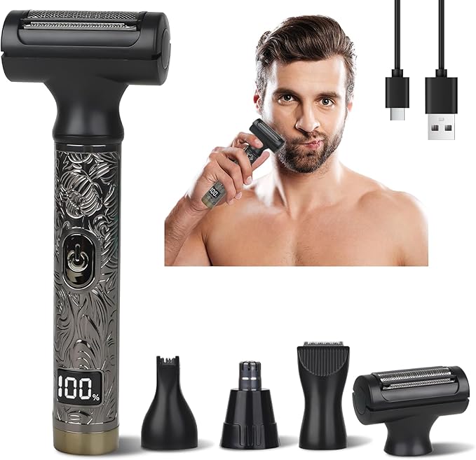 Electric Shaver for Men & Women, 2025 Wet Dry Cordless Razor with LED Display, Rechargeable Hair Remover with 4 Grooming Heads for Face, Body, Bikini, Nose, Legs and Eyebrows (Black)