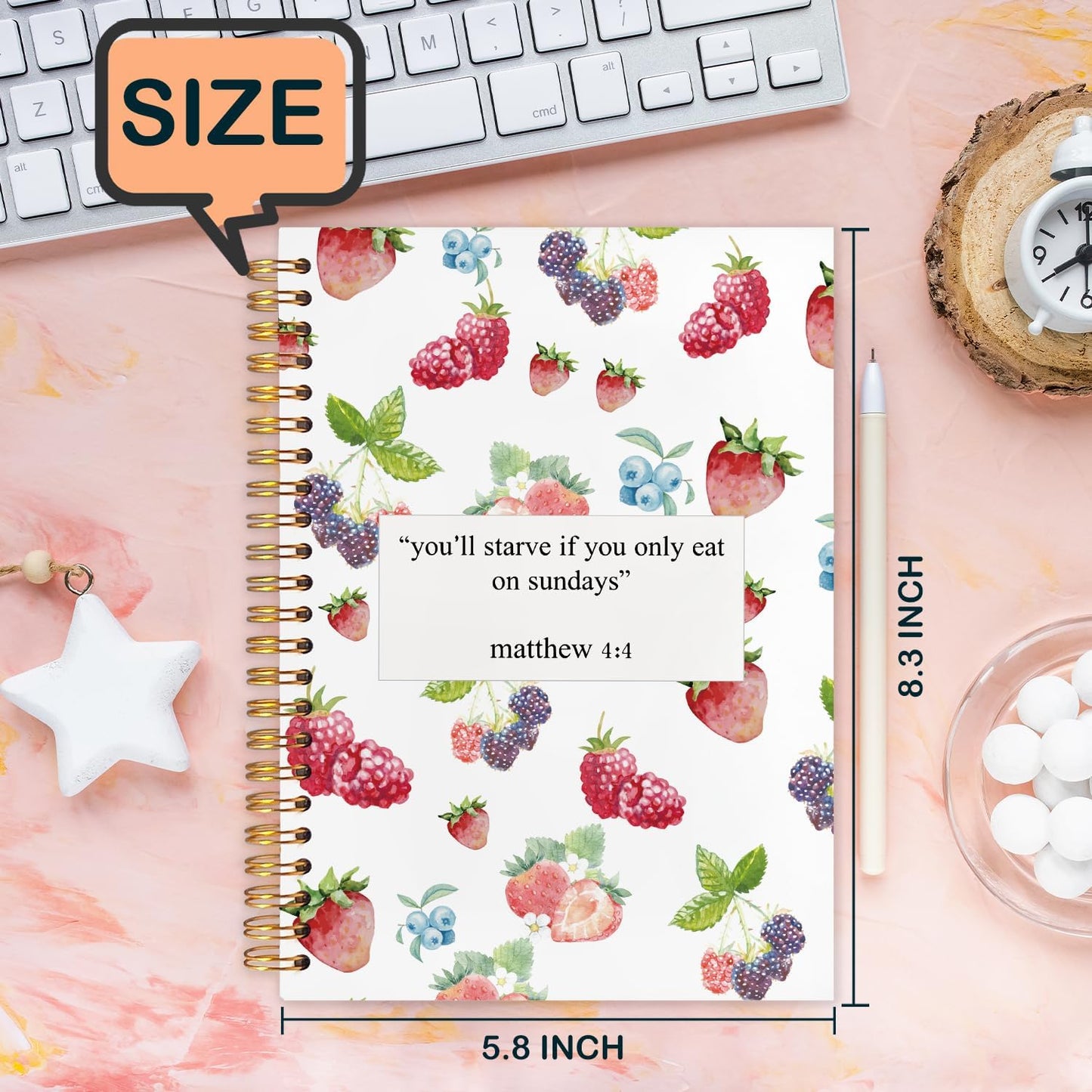 Motivational Fruit Christian Spiral Journal Notebook 5.5x8.3in, You'll Starve If You Only Eat on Sundays Inspirational Bible Prayer Journal, Christian Notebooks for Note Taking