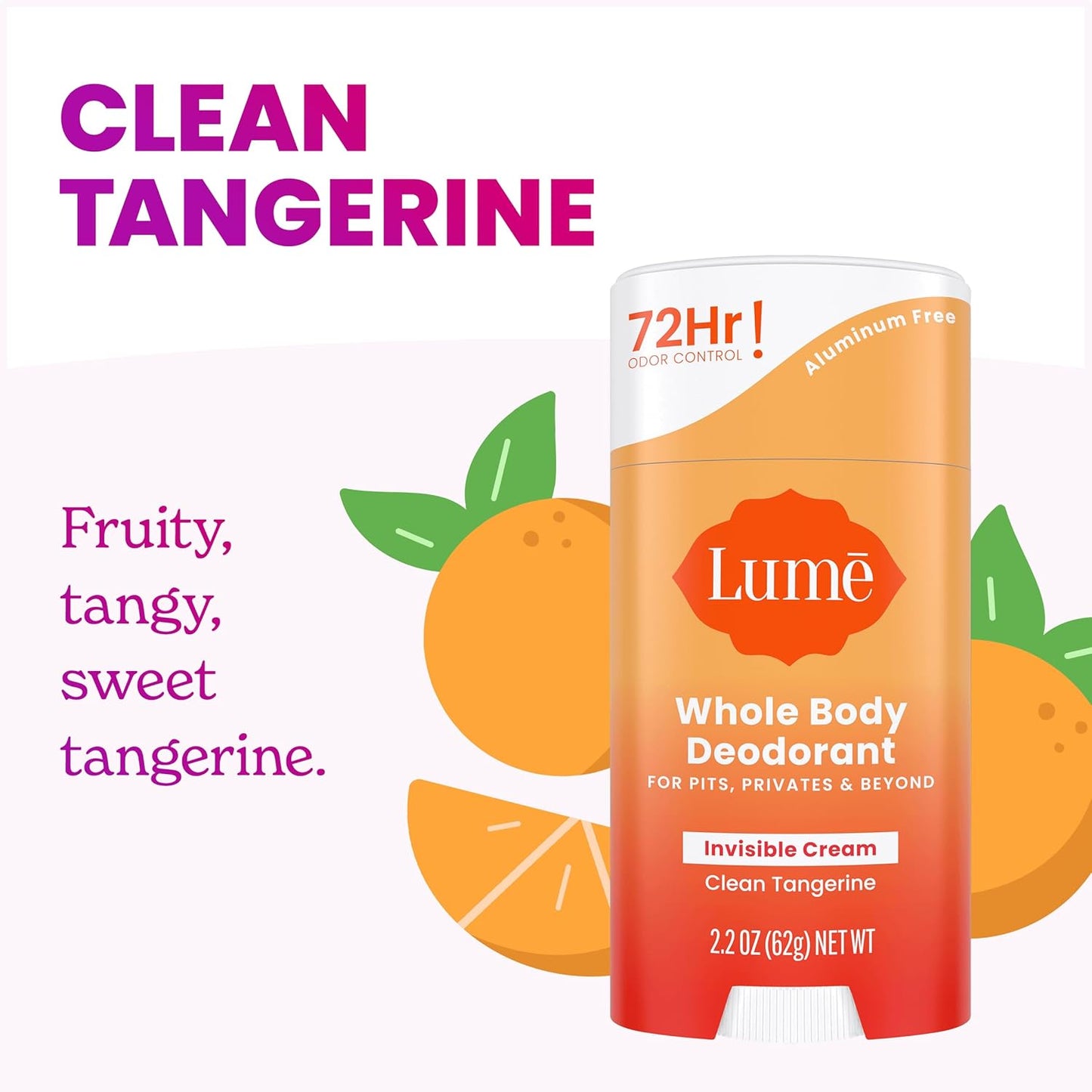 Lume Whole Body Deodorant - Invisible Cream Stick - 72 Hour Odor Control - Aluminum Free, Baking Soda Free, Skin Safe - 2.2 Ounce (Pack of 2) (Clean Tangerine)
