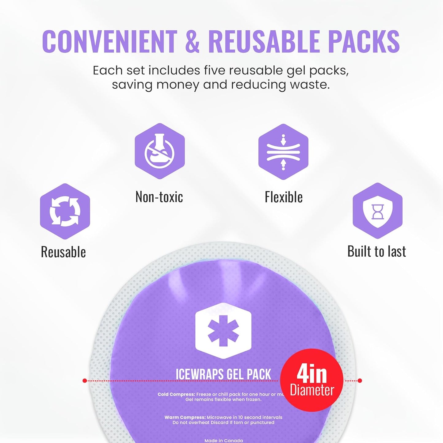 ICEWRAPS Reusable Hot & Cold Gel Packs for Pain Relief - for Injuries, Surgery, Toothache (5-Pack/Purple- with Cloth Backing)