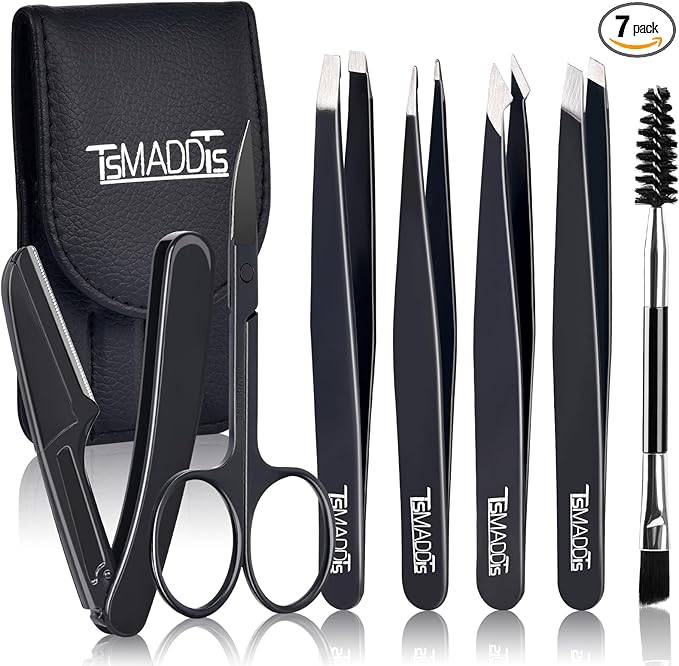 TsMADDTs Professional Stainless Steel Tweezers for Women and Men, 7 Pack Precision Tweezers for Eyebrows with Curved Scissor and Eyebrow Razor for Ingrown Hair