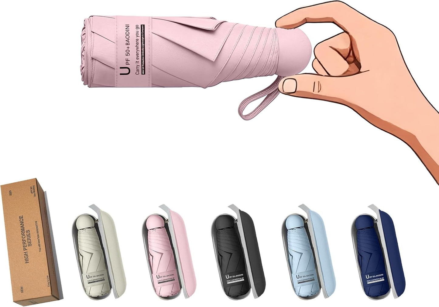 BAODINI Travel Mini Umbrella for Purse With Case Small Compact UV Sun Protection Sun Lightweight Tiny Pocket Manual Open Close Umbrella for Women Kids and Men