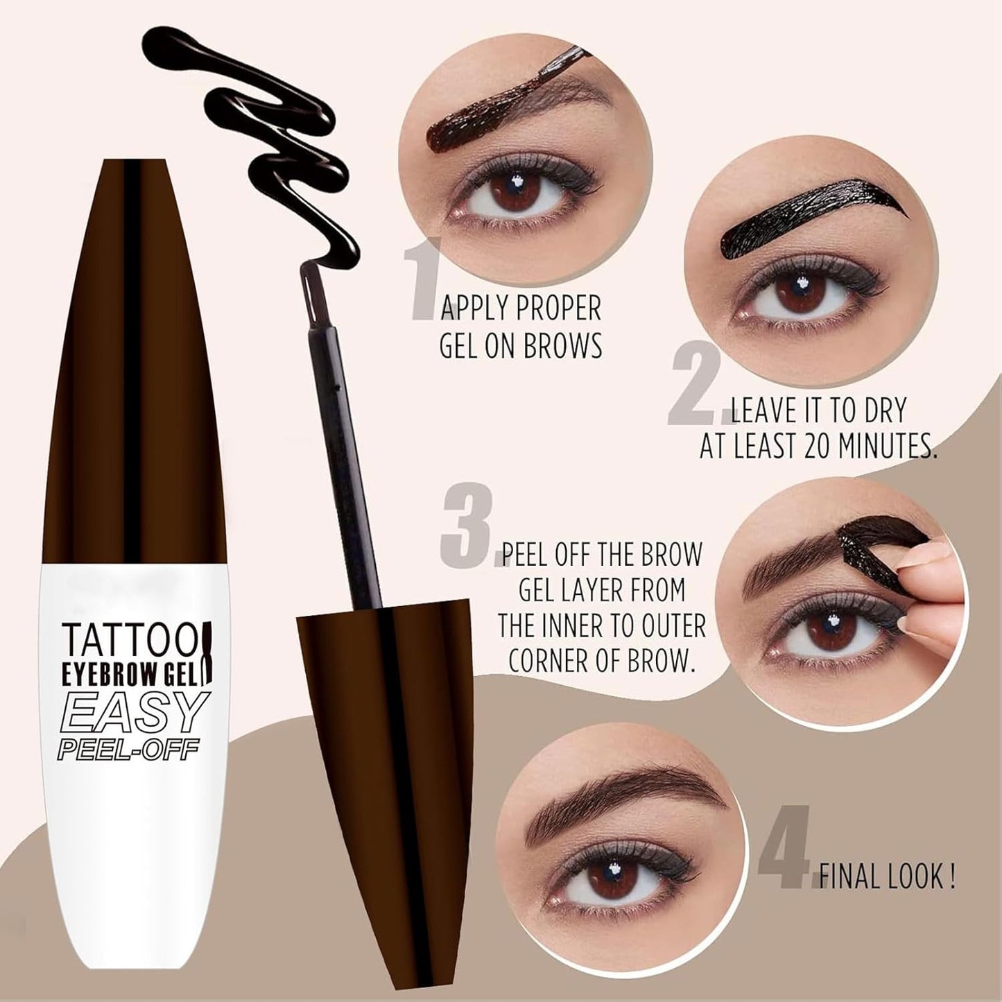 Tattoo Peel Off Eyebrow Gel Tint, Long Lasting Brow Tint, Transfer Proof and Waterproof Tint Peel Off Brow Gel, Last Up to 3 Days, For Fuller & Defined Brows Makeup, Brown