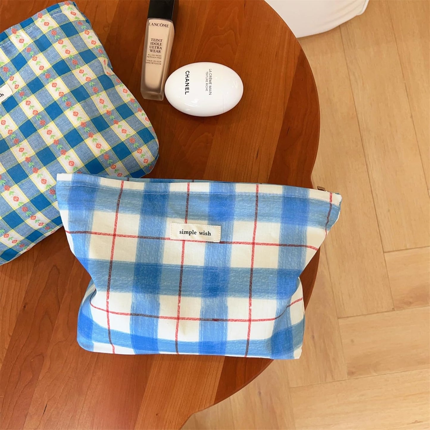 Wudygirl Makeup Bag Canvas Cosmetic Bag for Women Aesthetic Make up Organizer Travel Makeup Pouch Toiletry Bag Cute Zipper Pouch Handbag (Blue White Line)