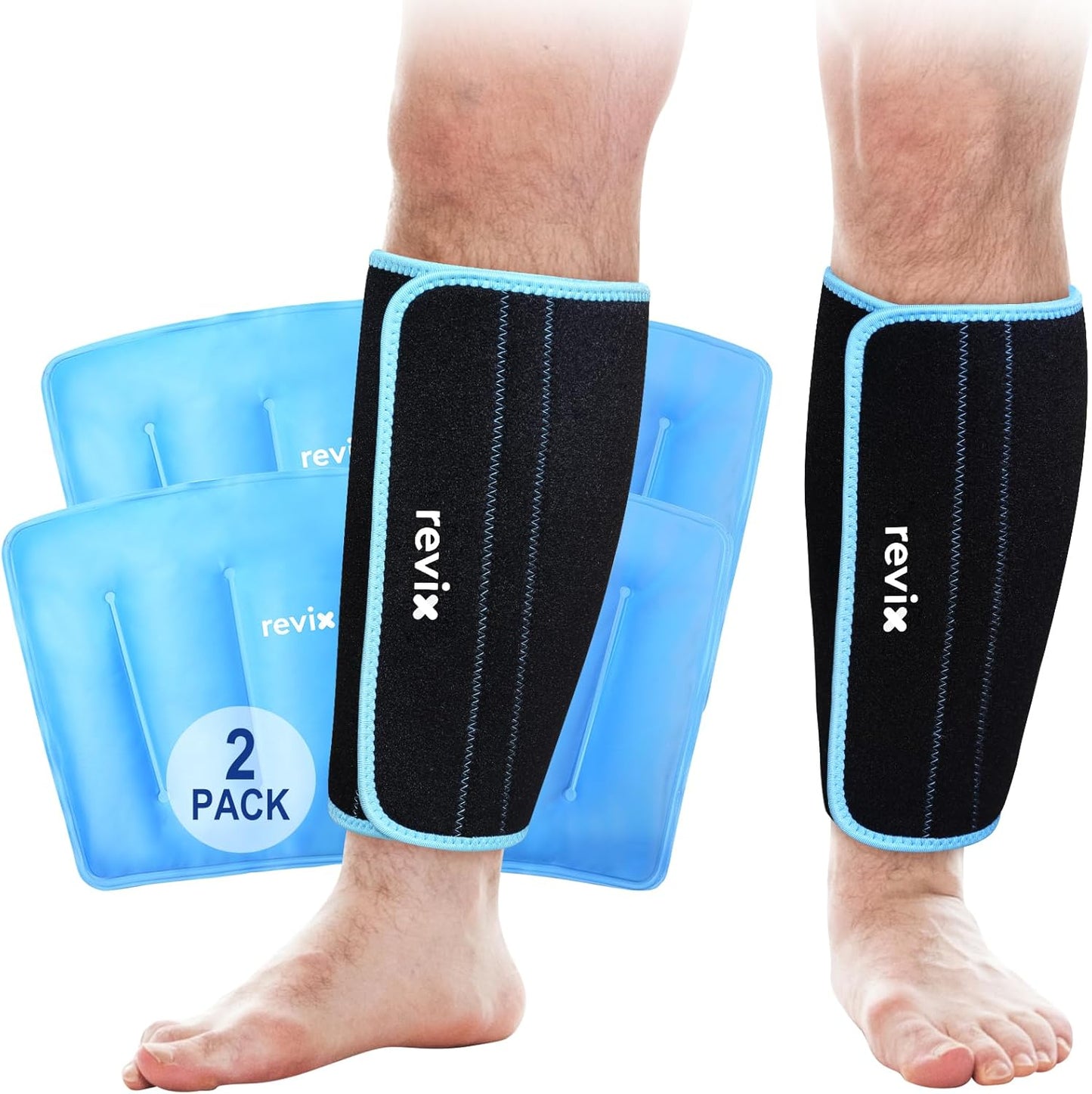 REVIX XL Shin Ice Packs Reusable Gel Cold Pack for Calf Leg Elbow Discomfort Relief, Calf Ice Wrap Cold Therapy Compression Sleeve Promotes Post-Workout Recovery, Set of 2