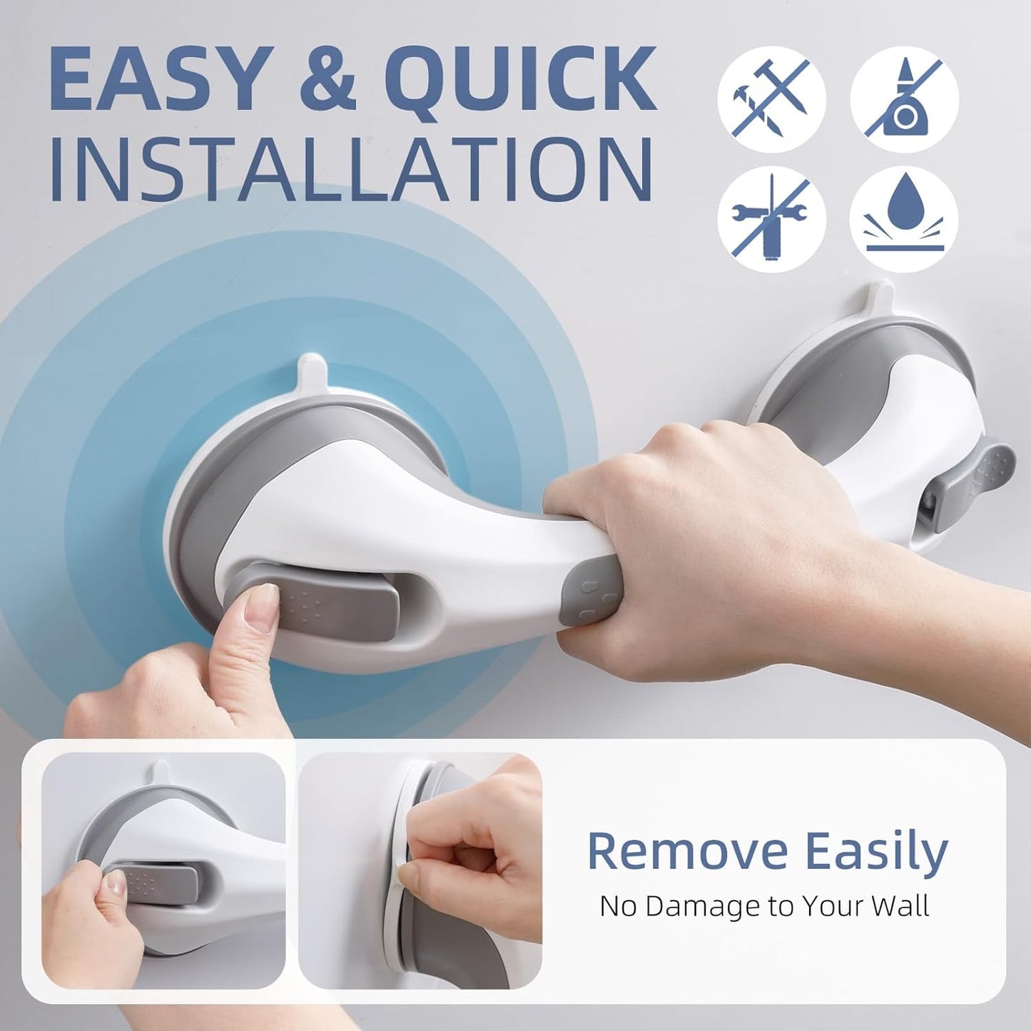 Grab Bars for Bathtubs and Showers Glow in The Dark, 12 inch Suction Grab Bar, Shower Handle Safety Grip Handrail for Seniors and Elderly, Removable Waterproof No Drilling, Grey